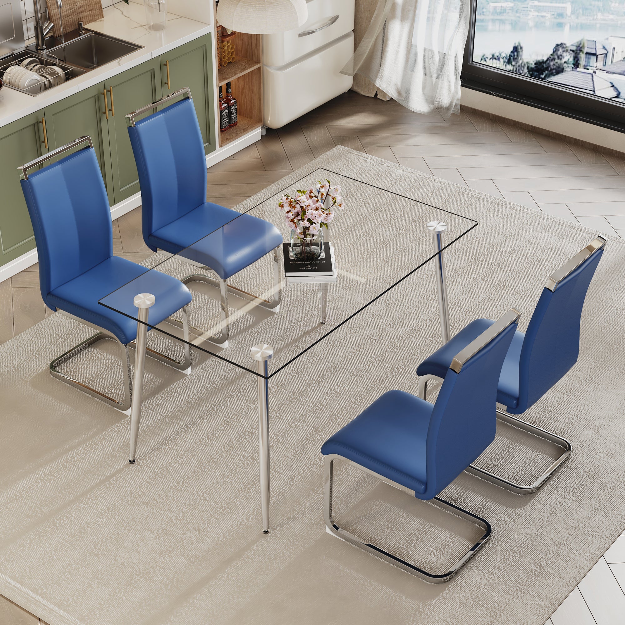 Glass dining table, dining chair set, 4 blue dining chairs, 1 dining table. Table size 51 "W x 31" D x 30 "H