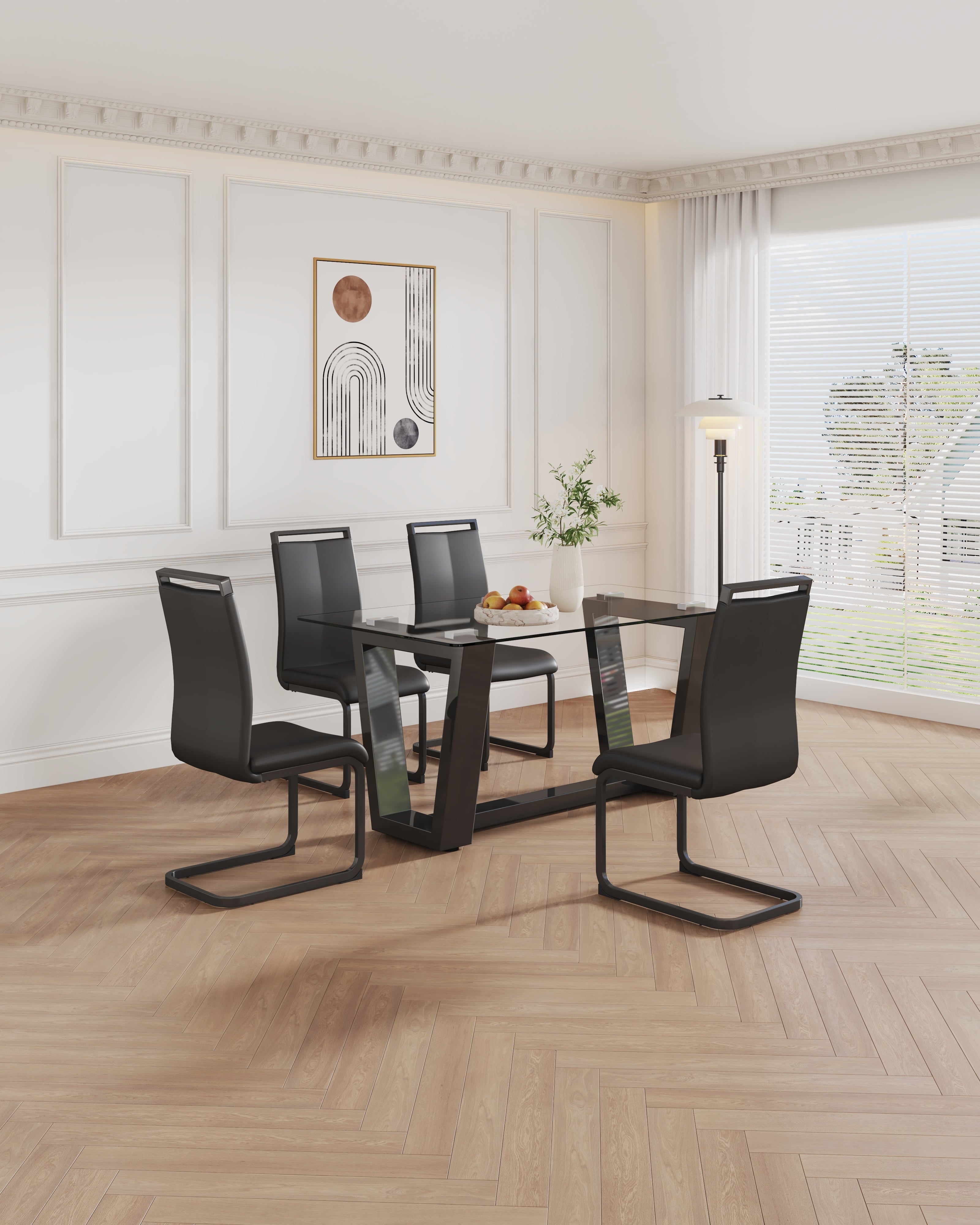 Table and chair set, 1 table with 4 black chairs. 0.4 "tempered glass desktop and black MDF, PU artificial leather high backrest cushion side chair, C-shaped tube black coated metal legs.