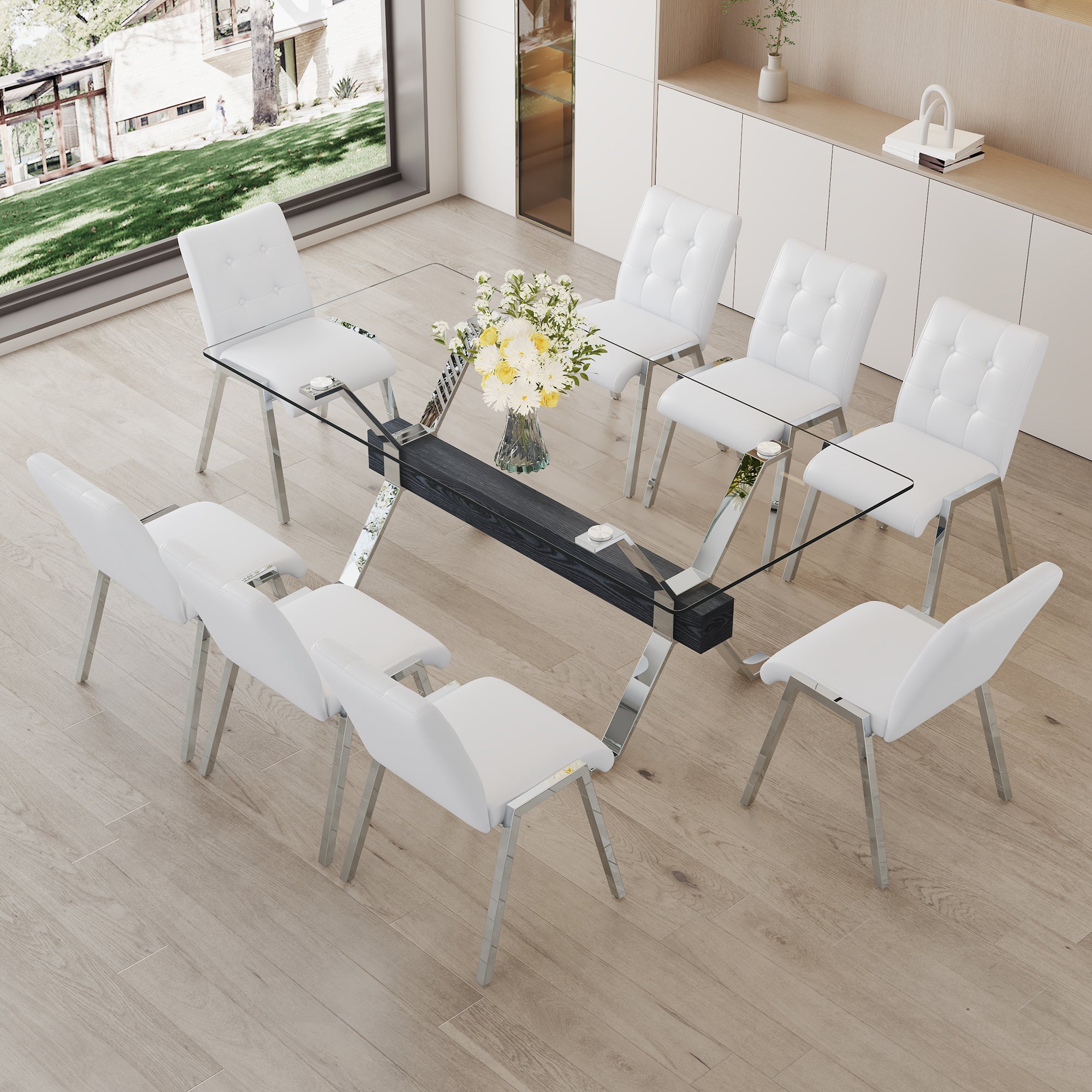 Table and chair set, suitable for home and office use. Glass desktop with silver metal legs and MDF crossbar, paired with white checkered armless high back dining chairs(1 table and 8 chairs)1105 0809