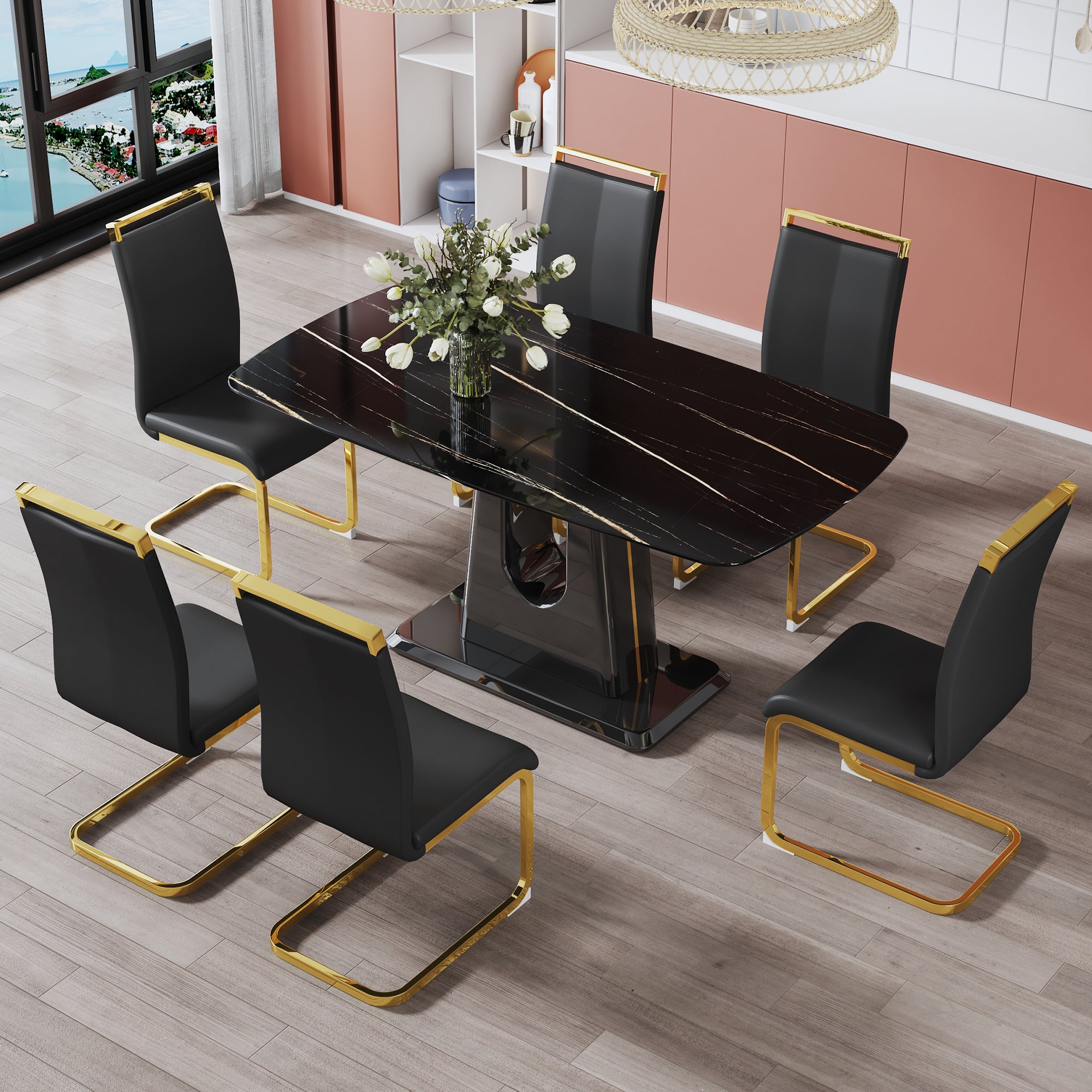 1 table and 6 chairs. Modern, simple and luxurious black imitation marble rectangular dining table and desk with 6 black PU gold plated leg chairs 63'' x 35.4'' X 30''