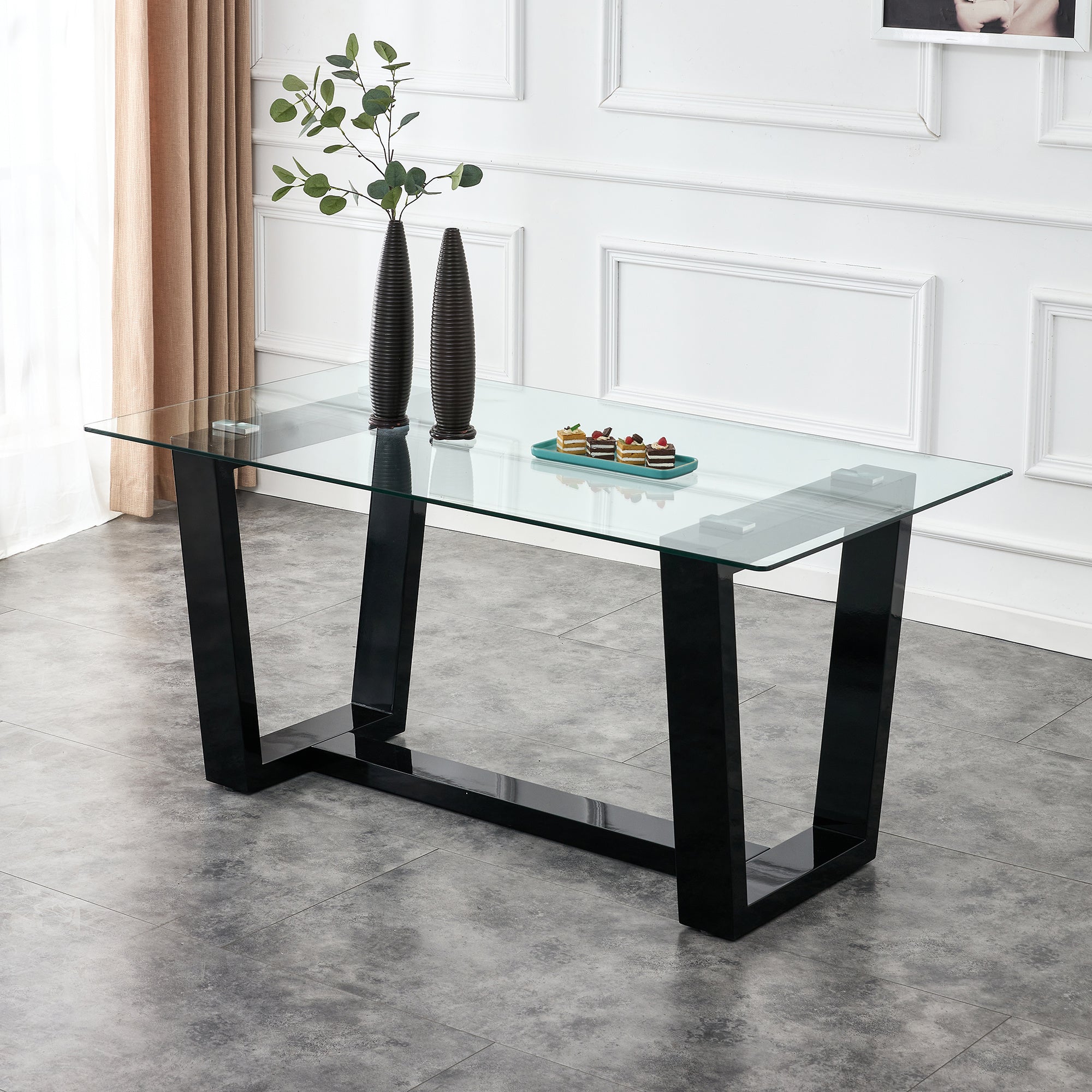 Glass Dining Table Large Modern Minimalist Rectangular for 6-8 with 0.4" Tempered Glass Tabletop and Black MDFTrapezoid Bracket,For Kitchen Dining Living Meeting Room Banquet Hall F-1550