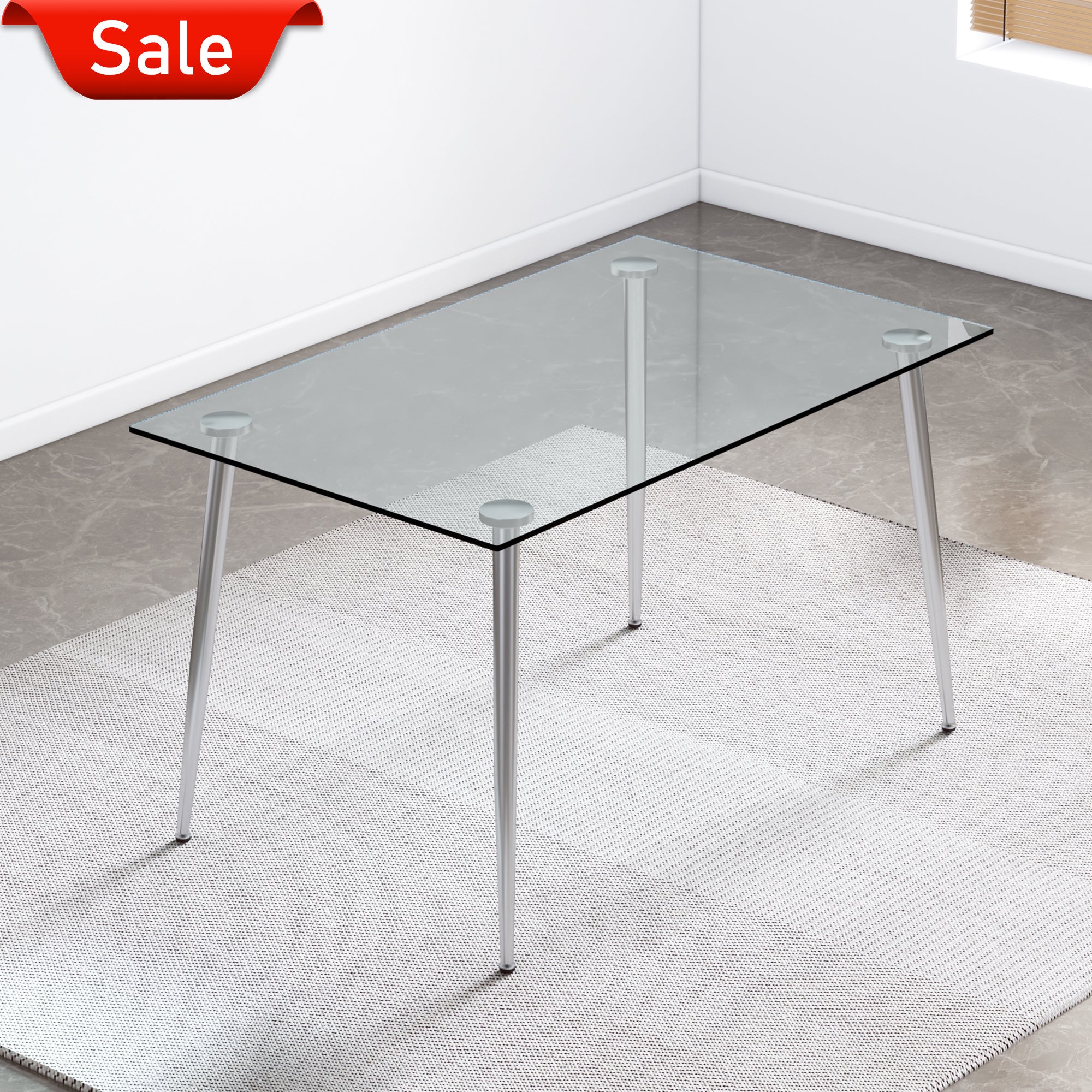 Modern Minimalist Rectangular Glass Dining Table for 4-6 with 0.31" Tempered Glass Tabletop and Silver plating Metal Legs, Writing Table Desk, for Kitchen Dining Living Room, 51" *31"* 30" .F-1544