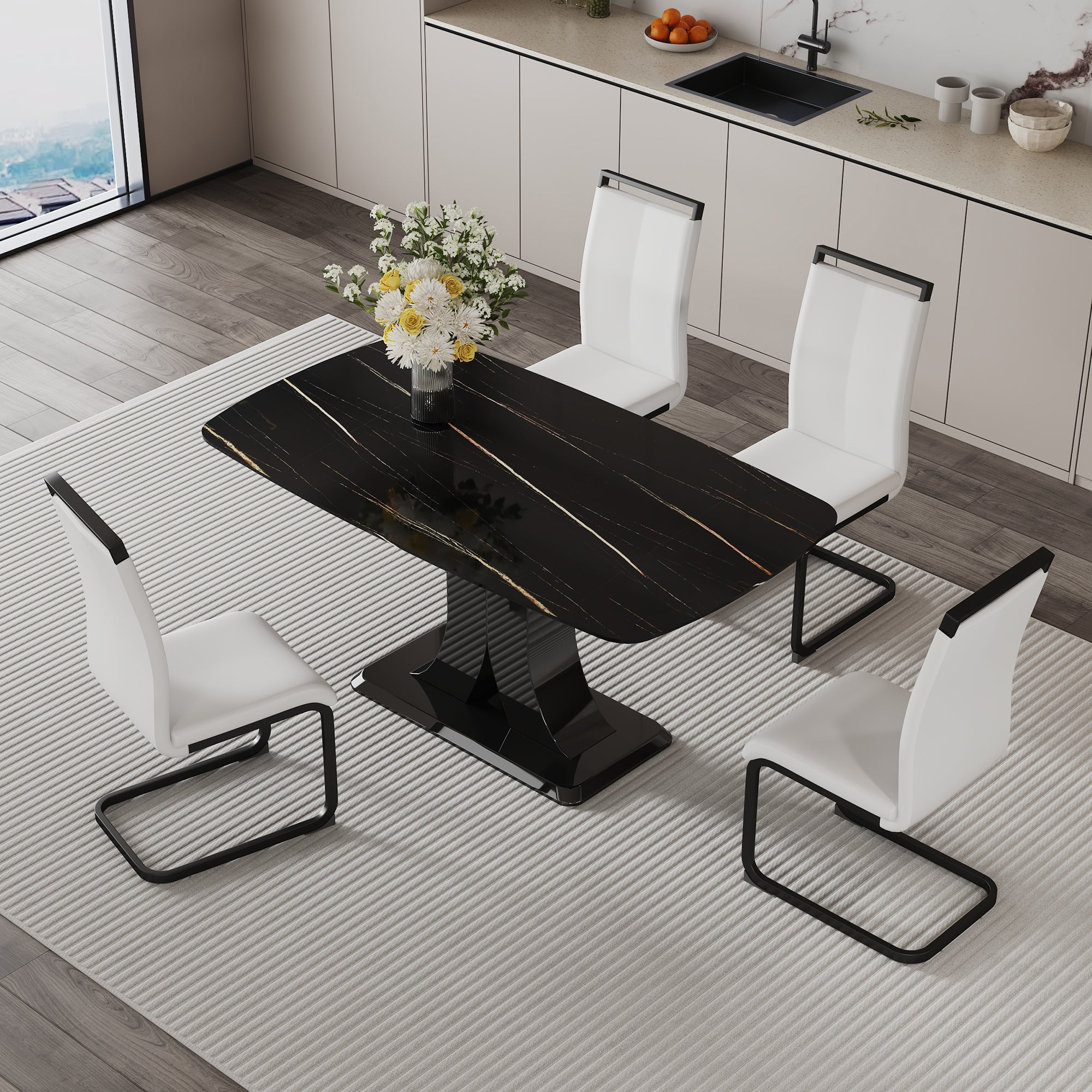 A modern minimalist dining table with four chairs. Black imitation marble desktop with MDF legs.4 dining chairs with white PU backrest cushions and black metal legs.Table size 63 "* 35.4" * 30"