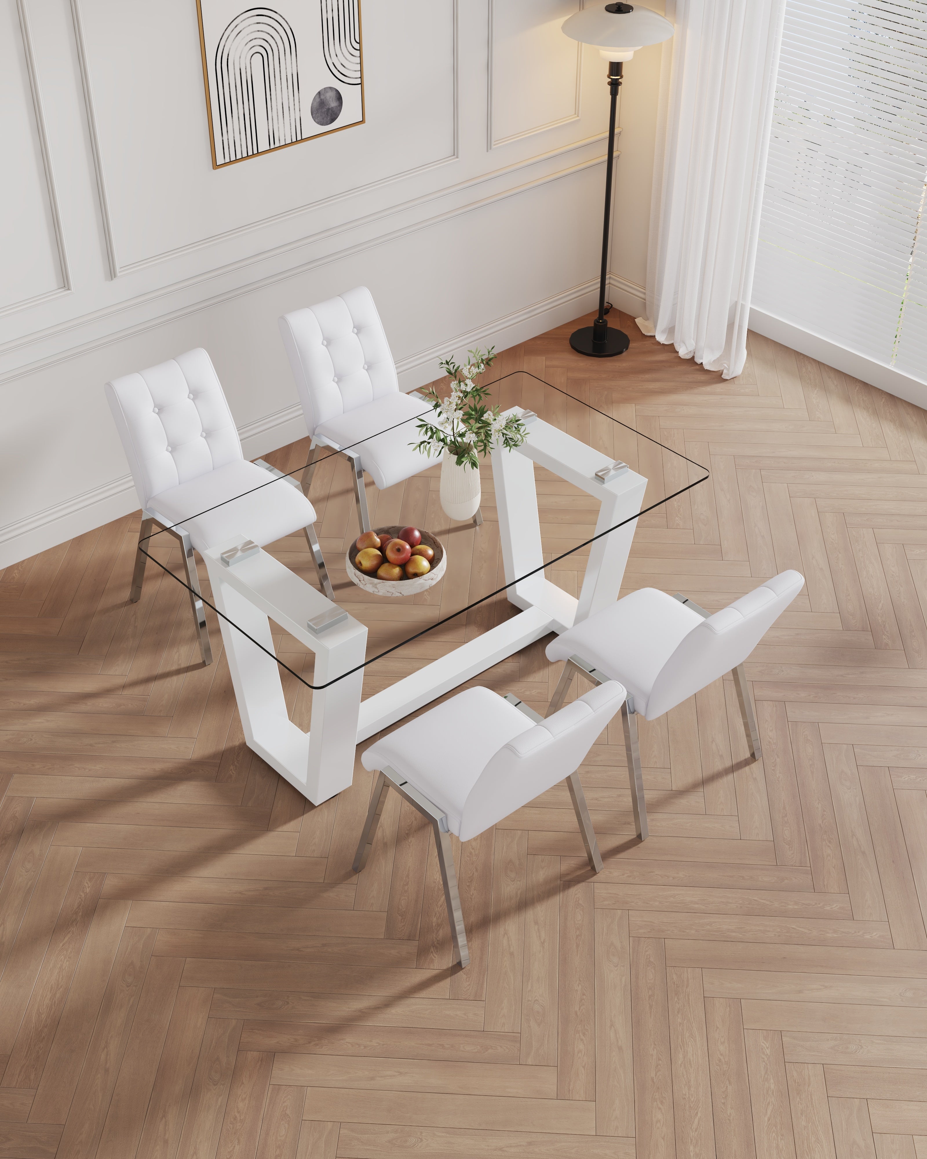Table and chair set, rectangular dining table, equipped with 0.4 "tempered glass tabletop and white MDF trapezoidal support, paired with lattice armless high back dining chairs (1 table and 4 chairs)