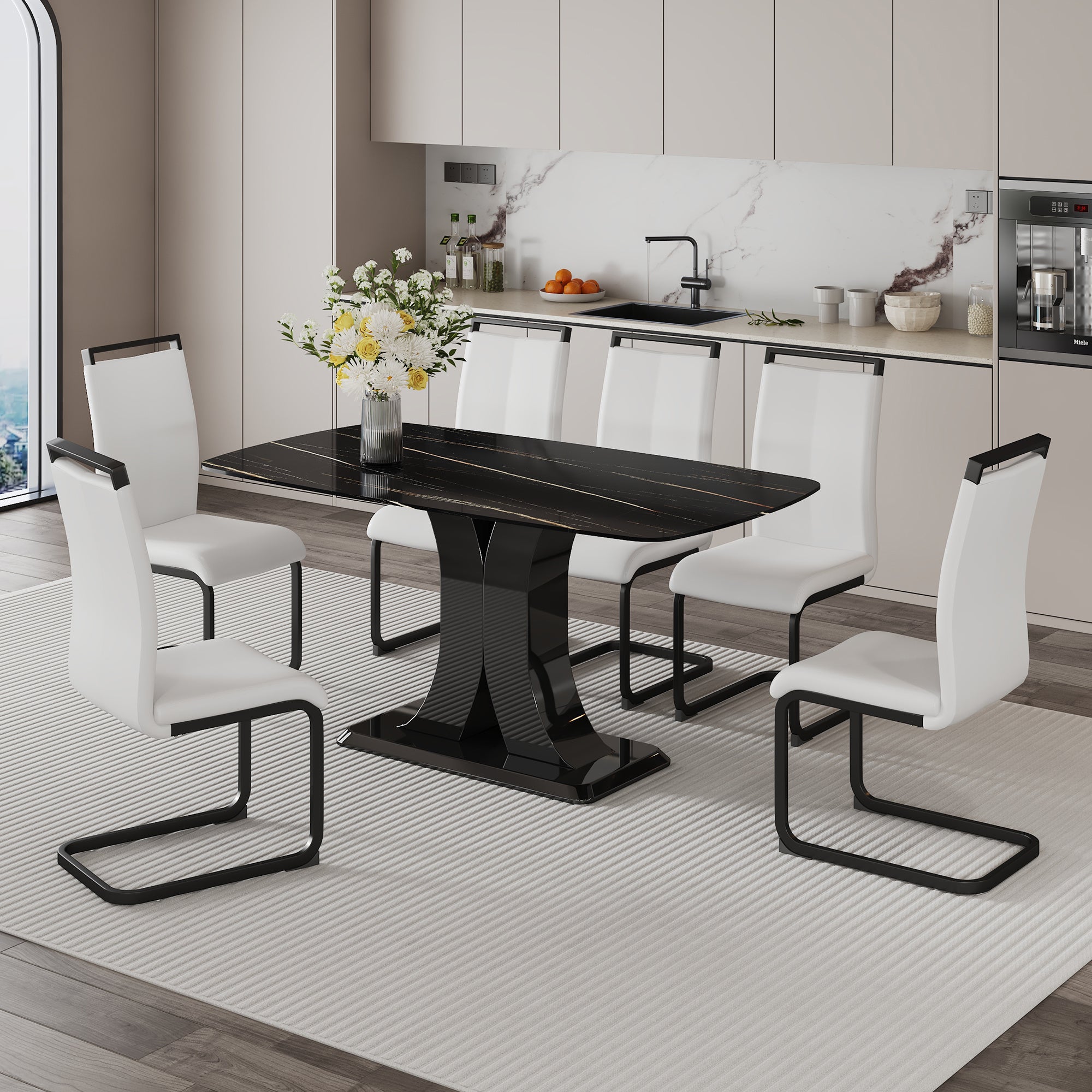 A modern minimalist dining table with six chairs. Black imitation marble desktop with MDF legs.6 dining chairs with white PU backrest cushions and black metal legs.Table size 63 "* 35.4" * 30"