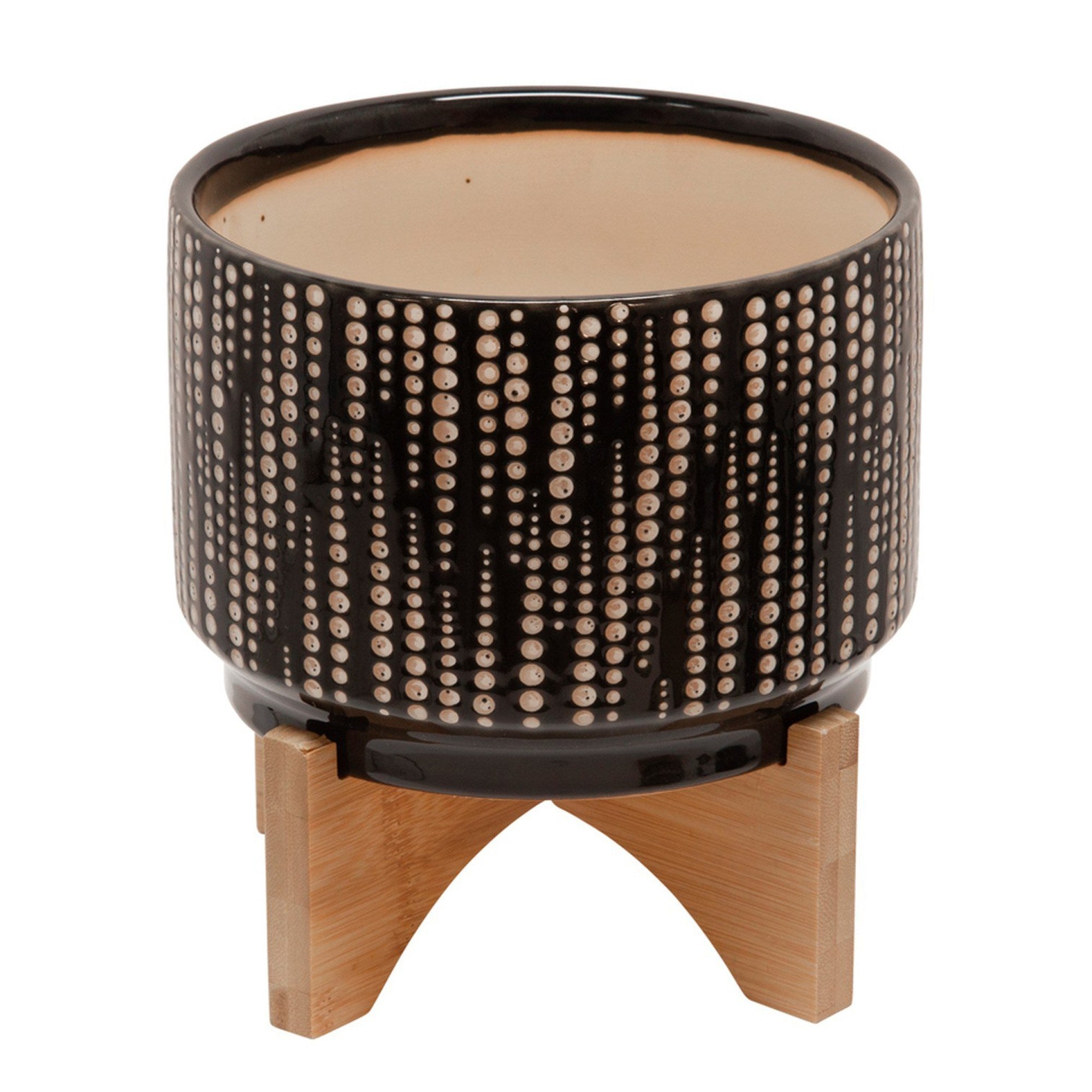 Ceramic Planter with Dotted Pattern and Wooden Stand, Brown