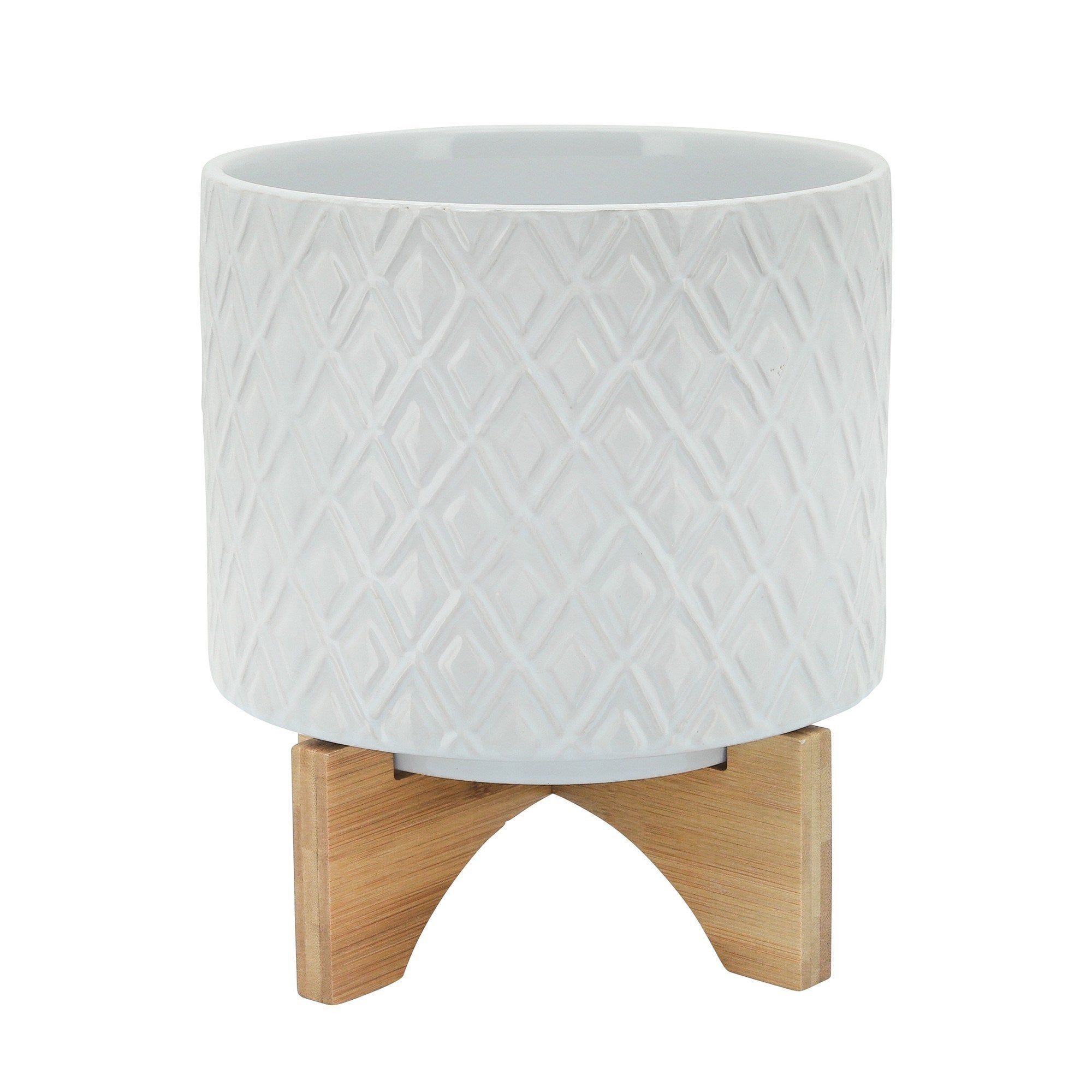 Ceramic Planter with Diamond Pattern and Wooden Stand, Small, White