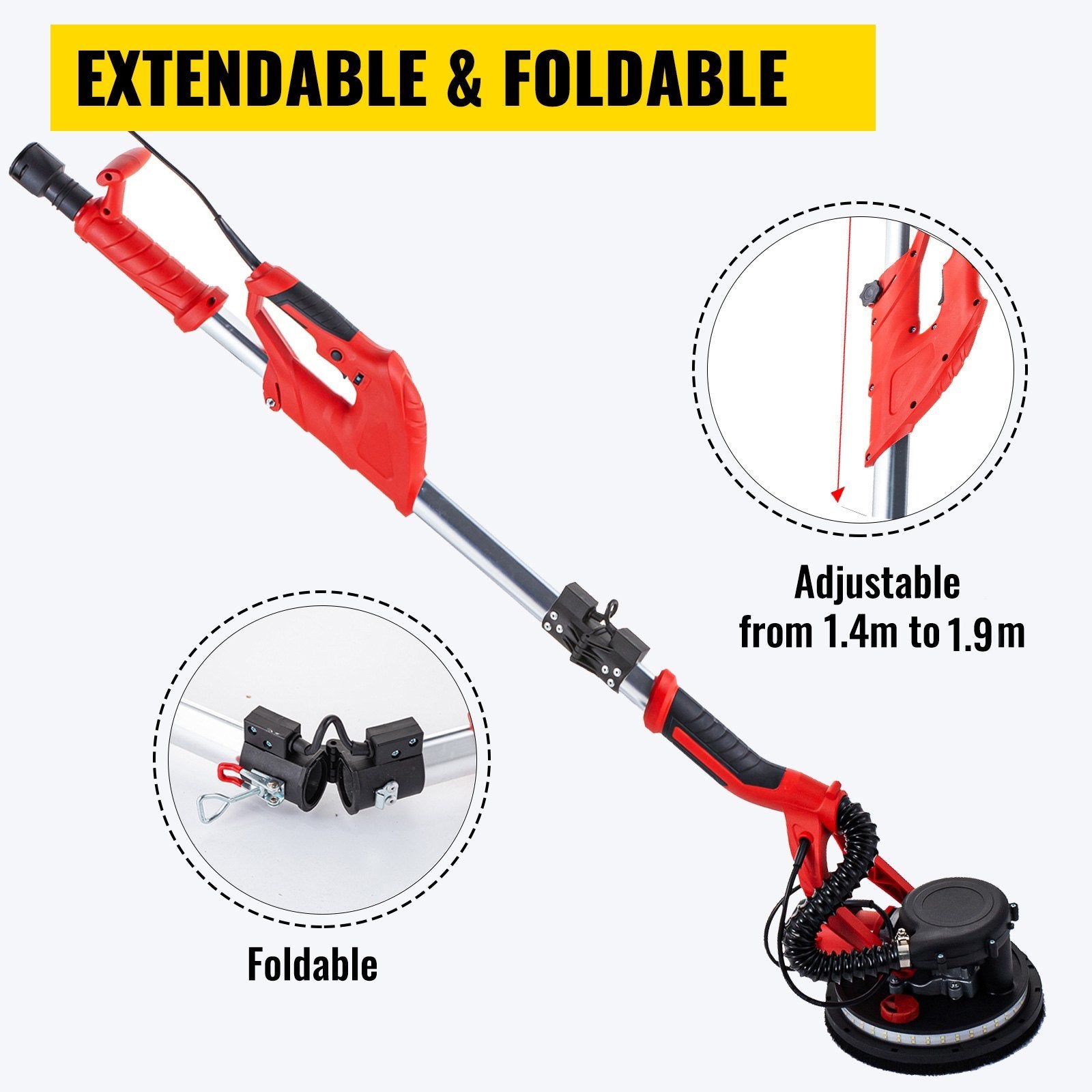 VEVOR Drywall Sander 850W, Electric Drywall Sander, Variable Speed 800-1750 RPM, Foldable Sheetrock Sander, with Telescope Handle, Electric Sander, wi