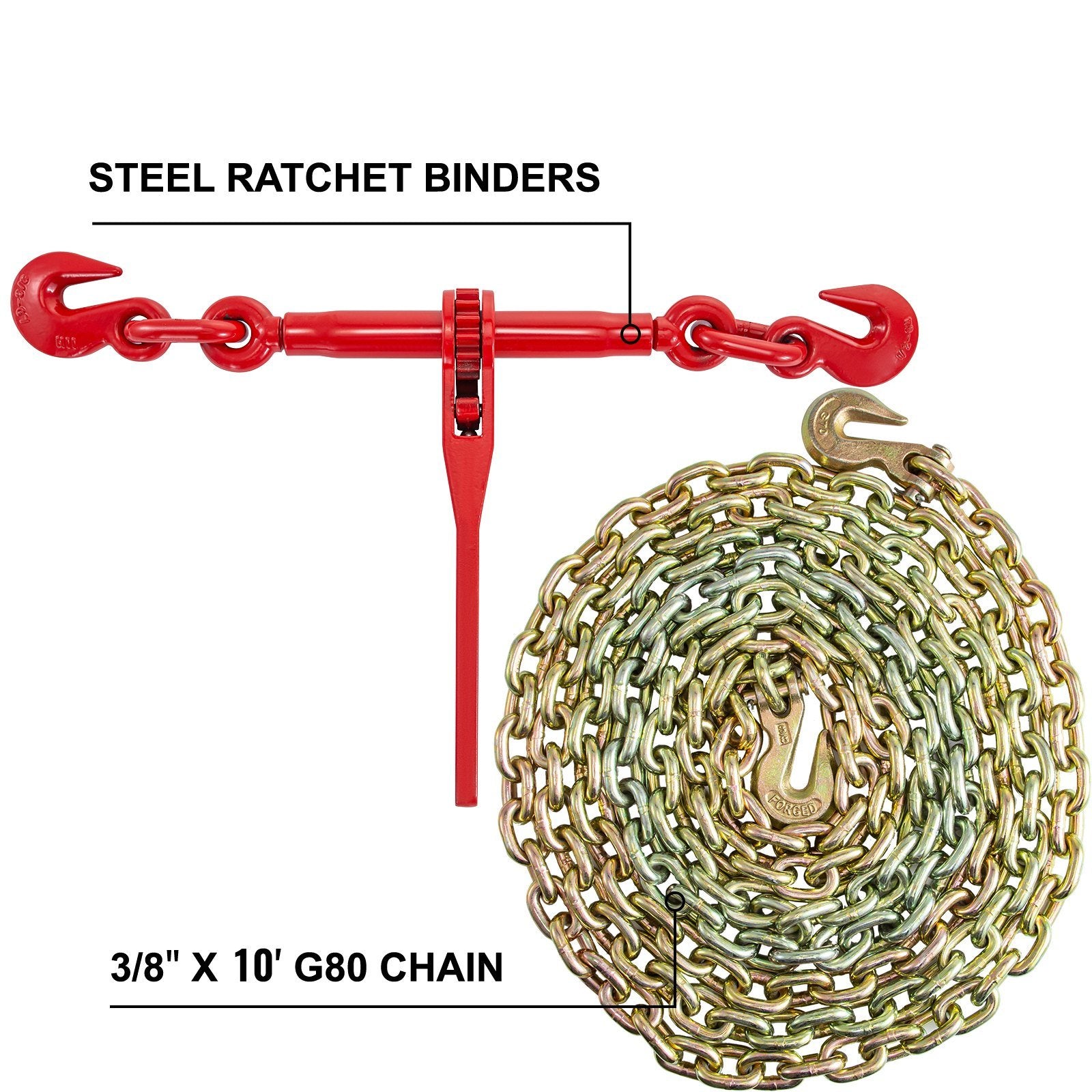 VEVOR Chain and Binder Kit 3/8in-1/2in, Ratchet Load Binders 9215lbs Working Strength, Ratchet Binders and Chains, 3/8in x 10ft Chains w/ G70 Hooks, f