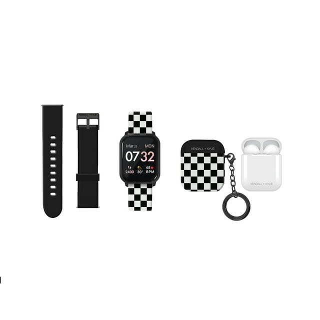 Kendall + Kylie Female Adult Smart Watch w/ Extra Strap & Earbud Set, Checkered Print