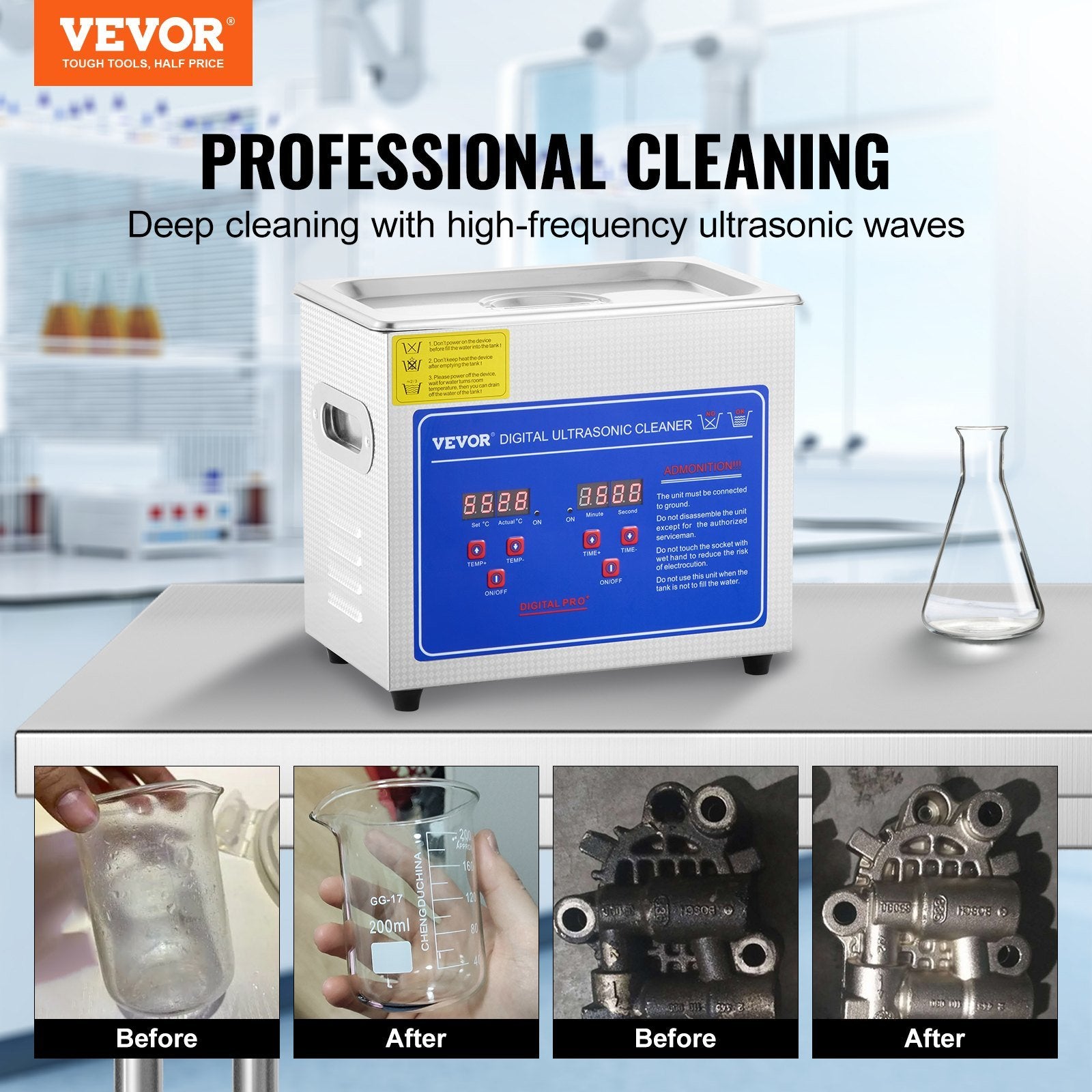 VEVOR Ultrasonic Cleaner with Digital Timer & Heater, Professional Ultra Sonic Jewelry Cleaner, Stainless Steel Heated Cleaning Machine for Glasses Wa