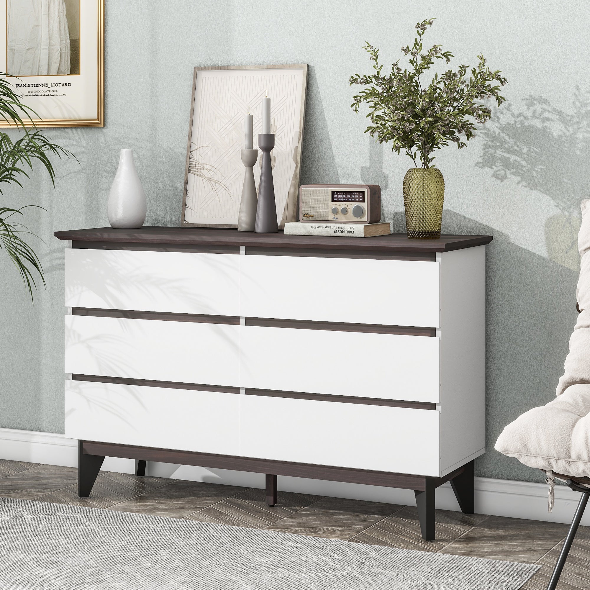 6-Drawer Double Dresser with Wide Drawers,White Dresser for Bedroom, Wood Storage Chest of Drawers for Living Room Hallway Entryway, 47.2'' W x 15.74'' D x 30 .7''H