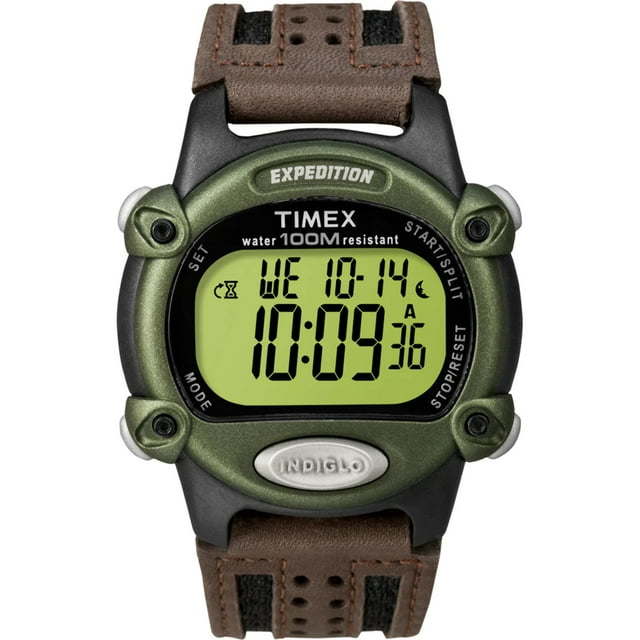 Timex Men's Expedition Digital CAT 39mm Watch – Green Case with Black & Brown Fabric & Leather Strap