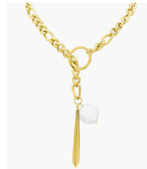 ADORNIA WATER RESISTANT 14K YELLOW GOLD PLATED STAINLESS STEEL IMITATION PEARL FIGARO CHAIN NECKLACE