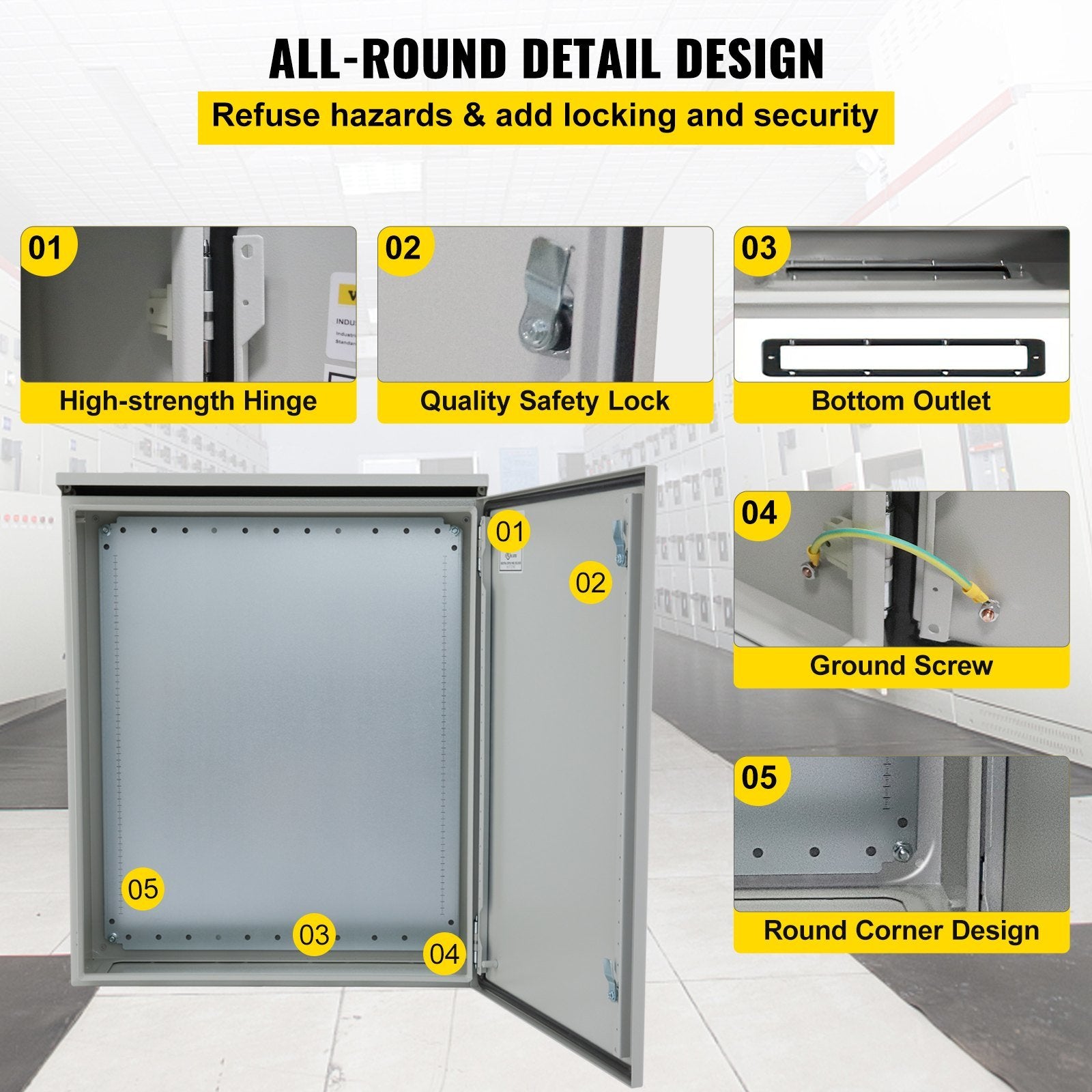 VEVOR Electrical Enclosure, 24'' x 24'' x 12'', UL Certified NEMA 4 Outdoor Enclosure, IP65 Waterproof & Dustproof Cold-Rolled Carbon Steel Hinged Jun