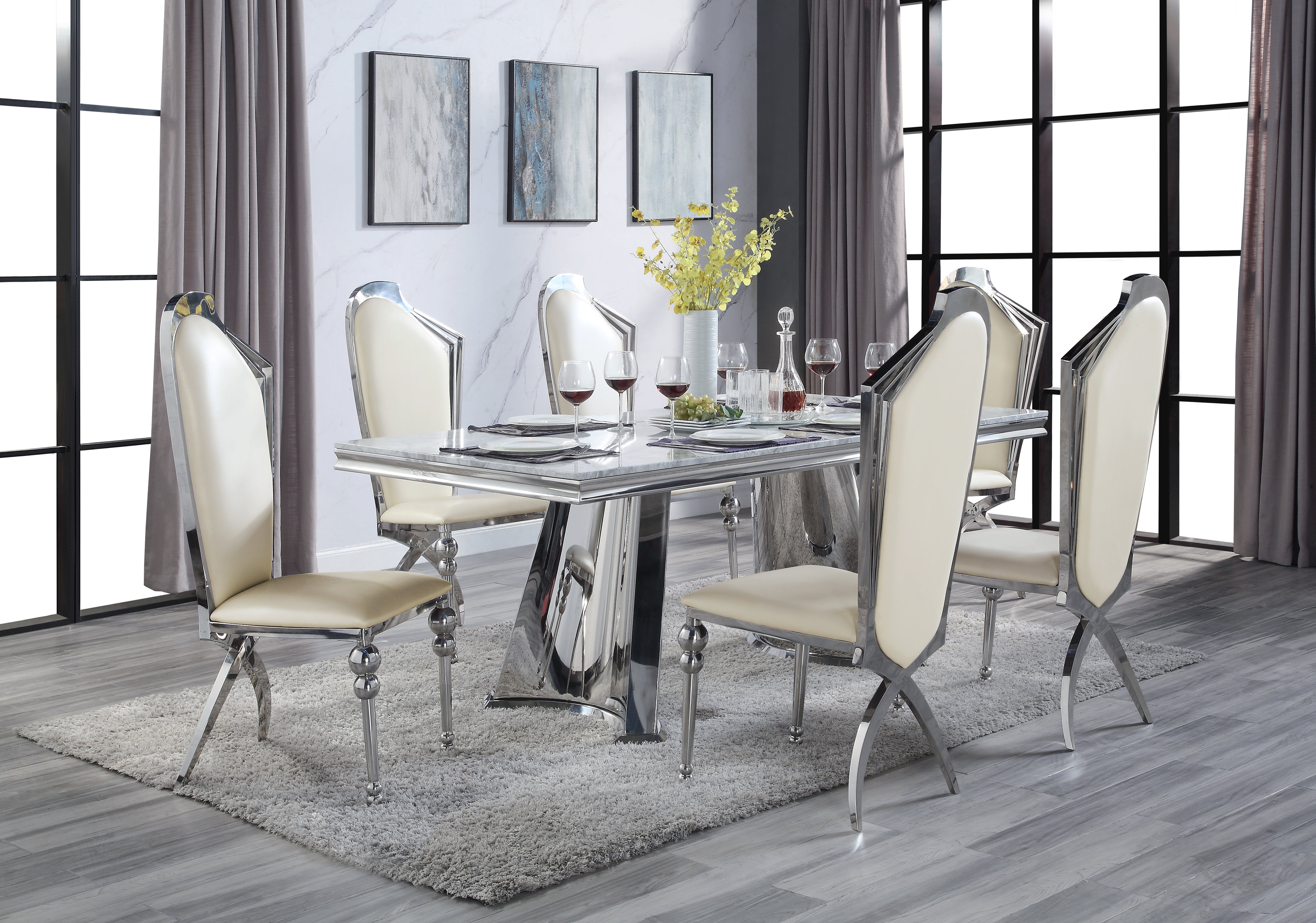 ACME Destry Dining Table, Faux Marble Top & Mirrored Silver Finish DN01188