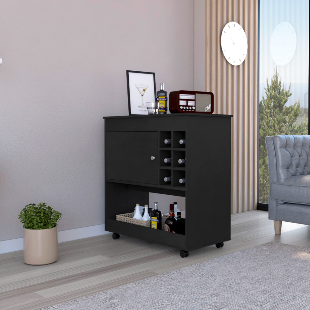 Bar Cart Aloha, Lower Panel, Six Bottle Cubbies, One Cabinet, Black Wengue Finish