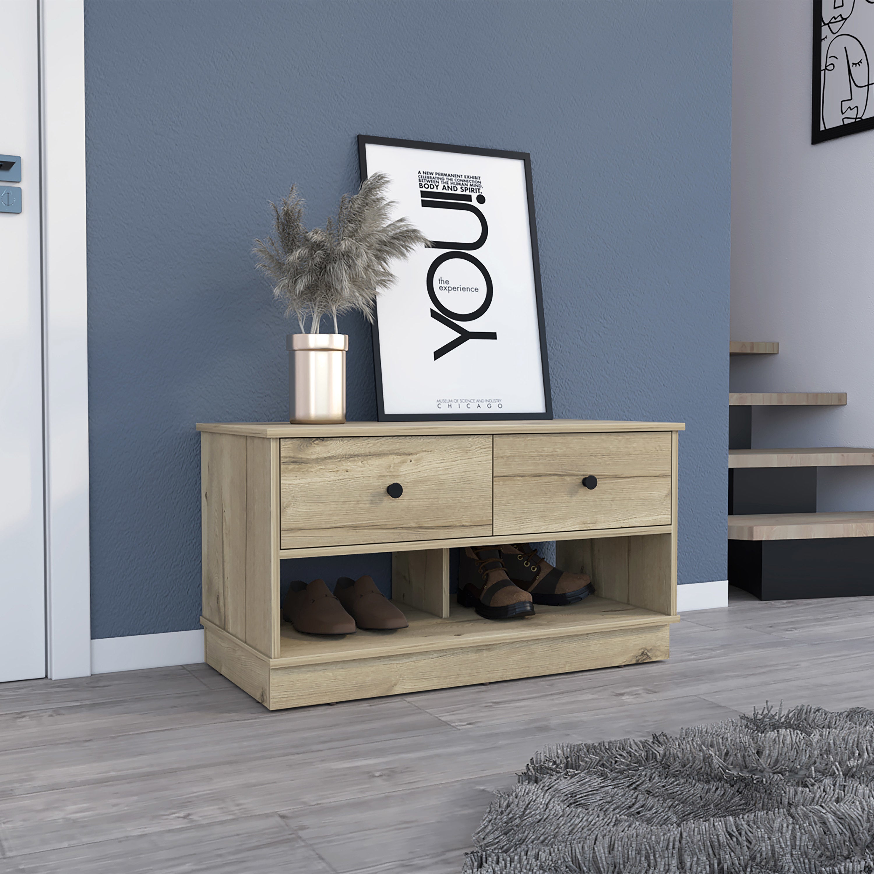 Storage Bench Beji, Lower Shelf, Two Drawers, Light Oak Finish