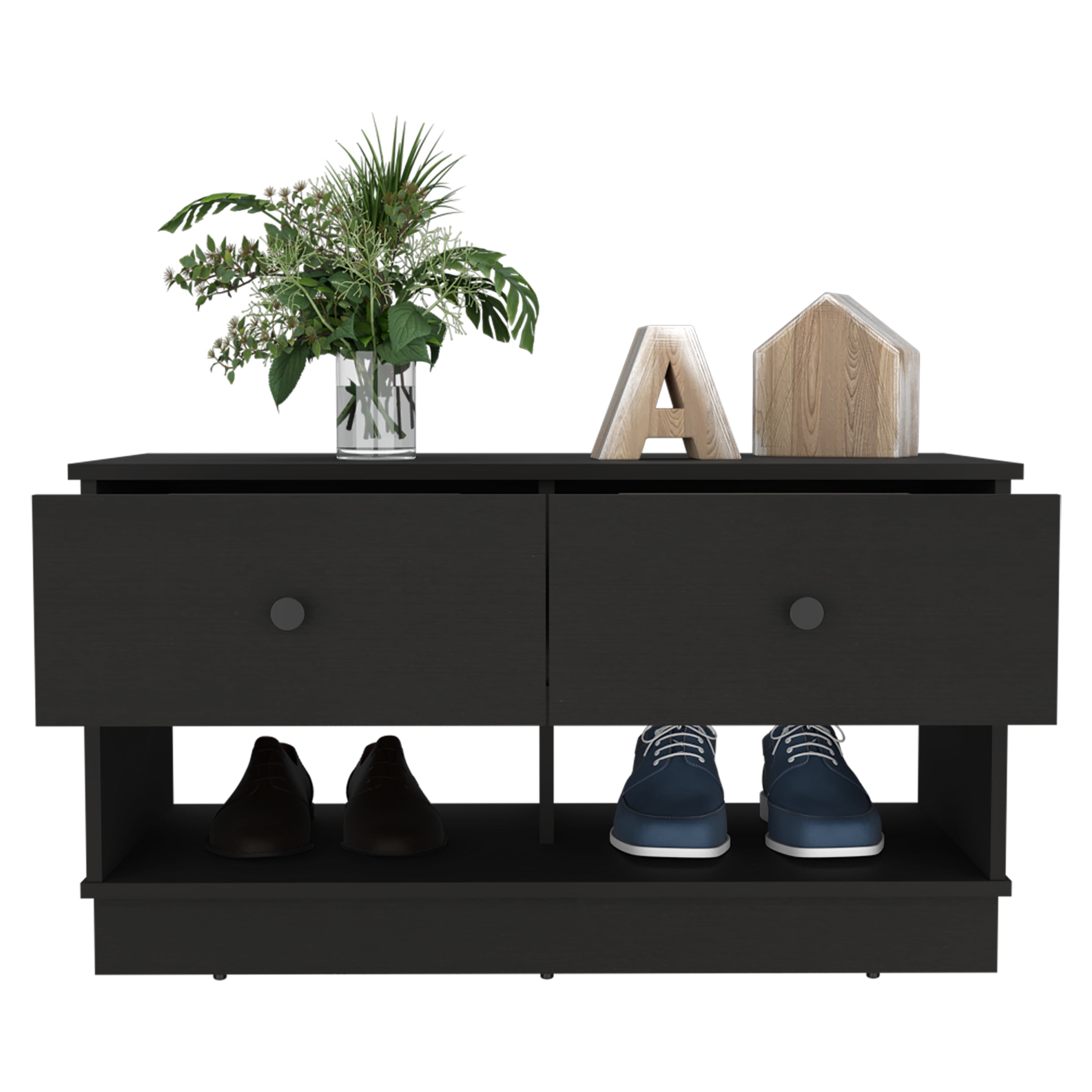 Storage Bench Beji, Lower Shelf, Two Drawers, Black Wengue Finish