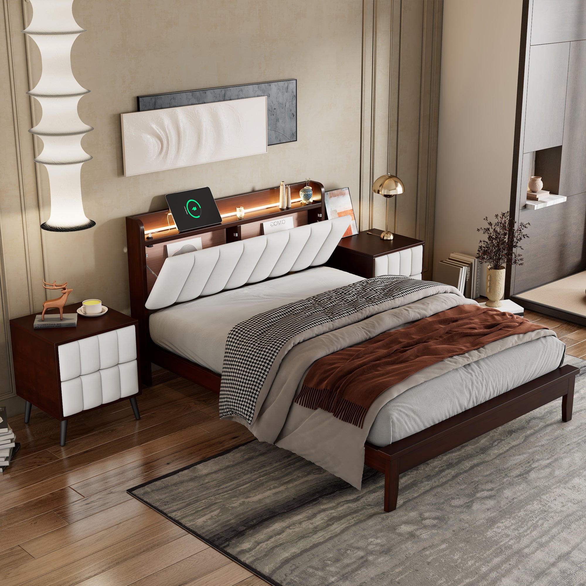 3-Pieces Bedroom Sets,Full Size Wood Platform Bed and Two Nightstands,Storage Platform bed with USB and LED Lights-Walnut+Beige