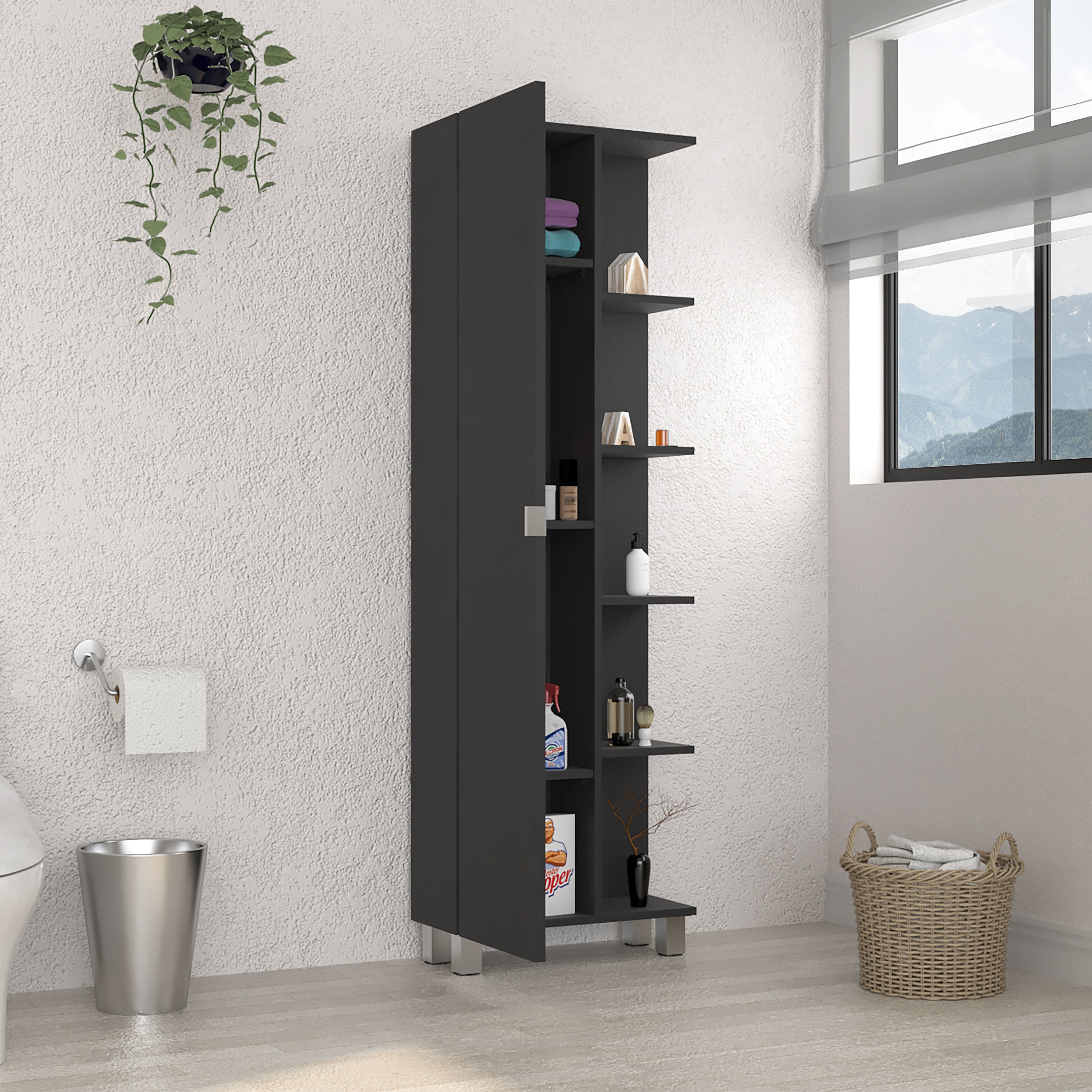 Corner Cabinet Womppi, Five Open Shelves, Single Door, Black Wengue Finish