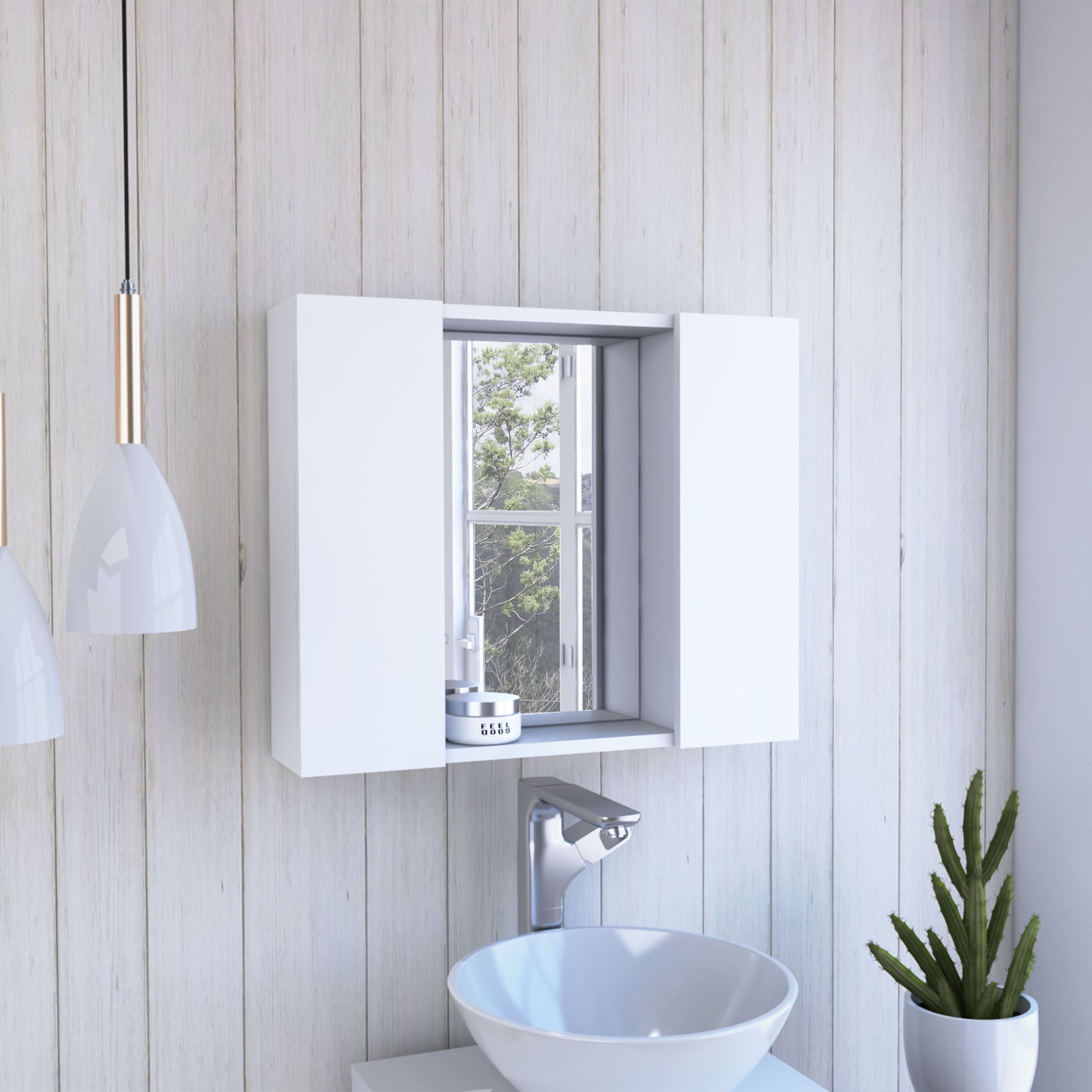 Medicine Cabinet Hops, Double Door, Mirror, One External Shelf, White Finish