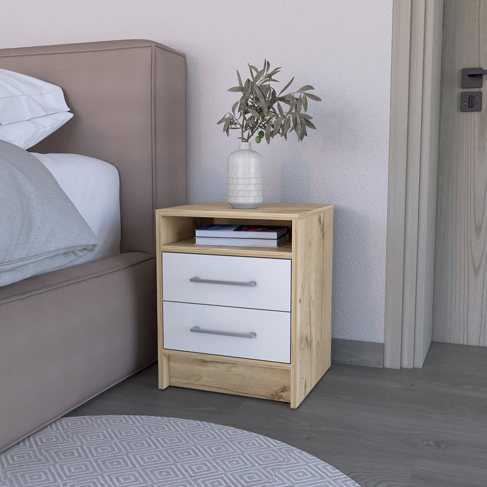 Nightstand Cartiz, Two Drawers, White / Light Oak Finish
