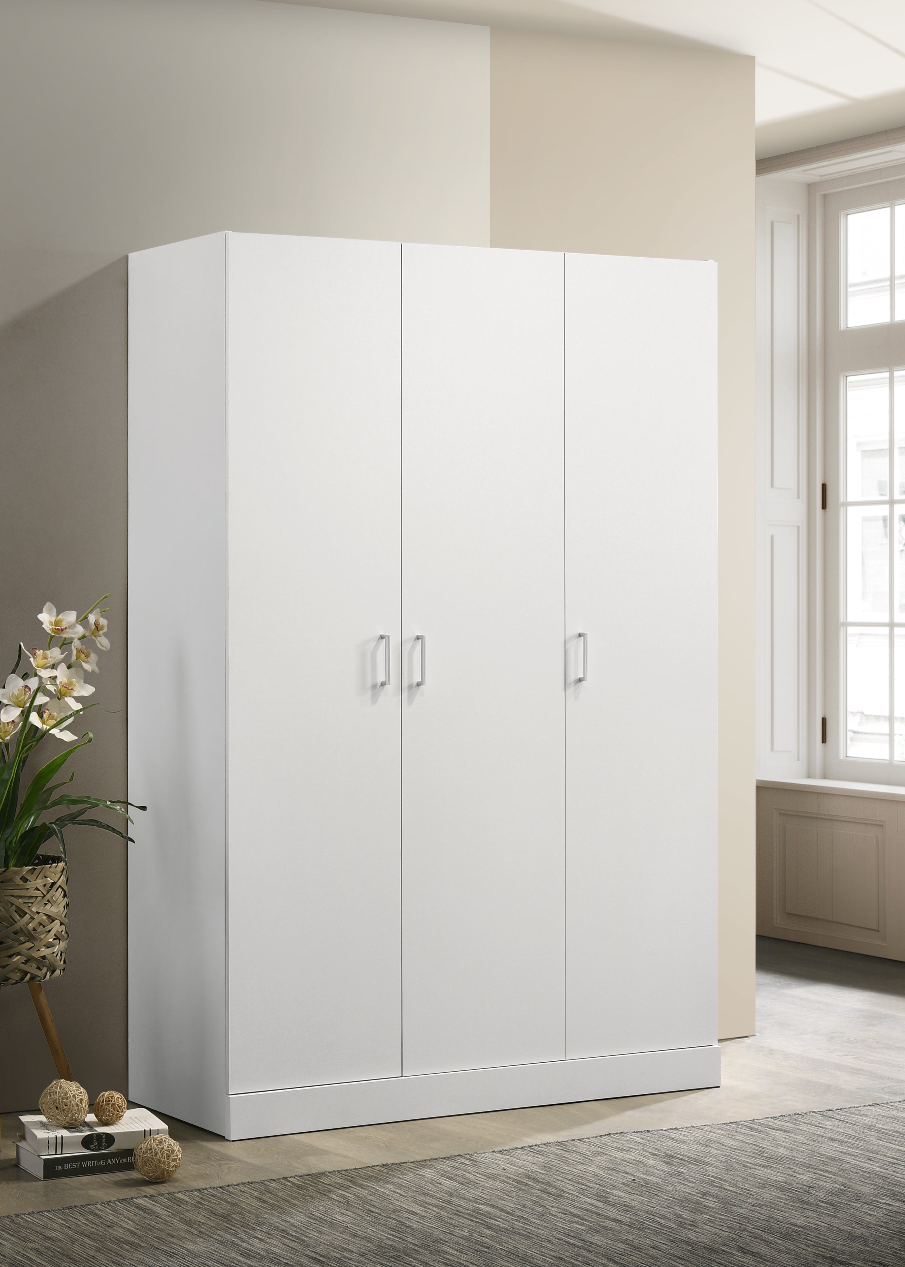 Declan 46" White 3-Door Wardrobe Cabinet Armoire with Storage Shelves and Hanging Rod