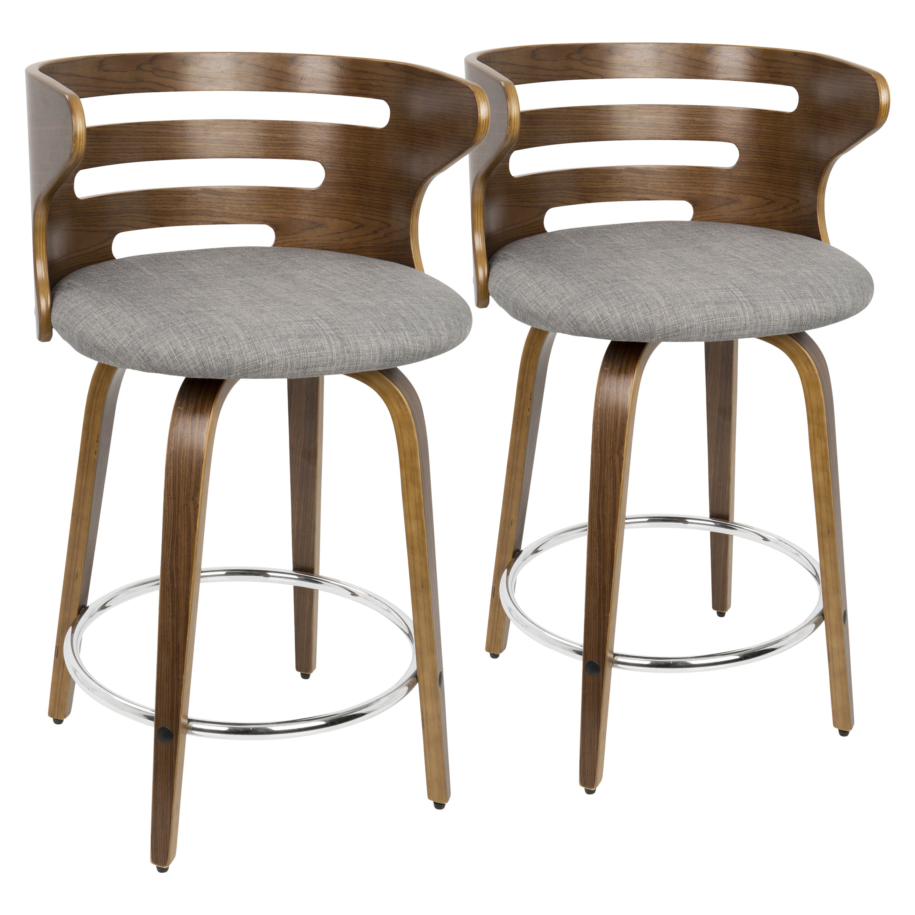 Cosini Mid-Century Modern Counter Stool with Swivel in Walnut and Grey Fabric by LumiSource - Set of 2
