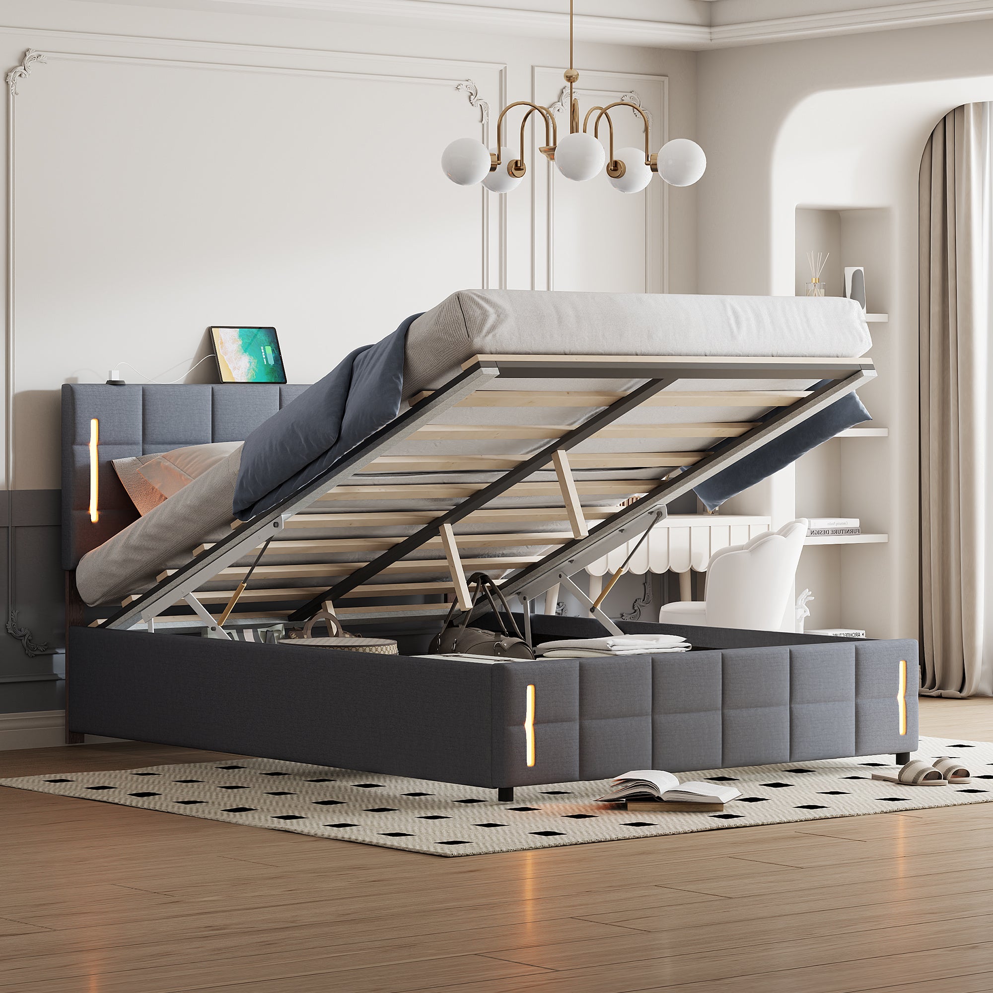 Queen Size Upholstered Bed with Hydraulic Storage System and LED Light, Gray