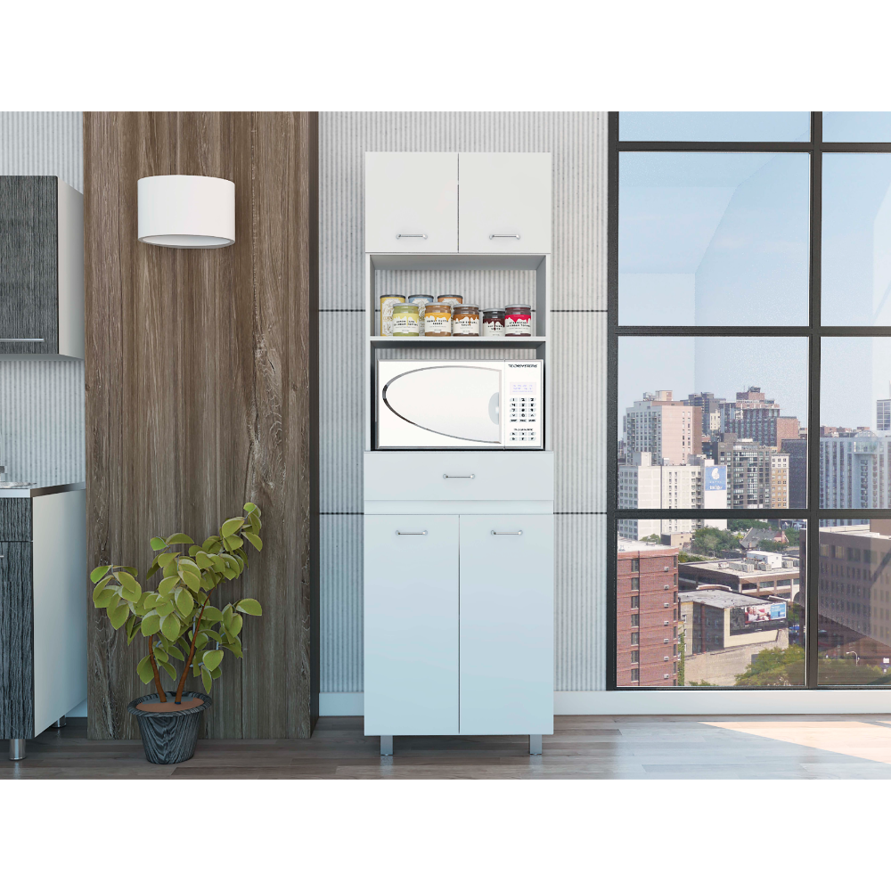 Caribe Microwave Cabinet, Four Legs, One Drawer, Double Door, One Shelf -White