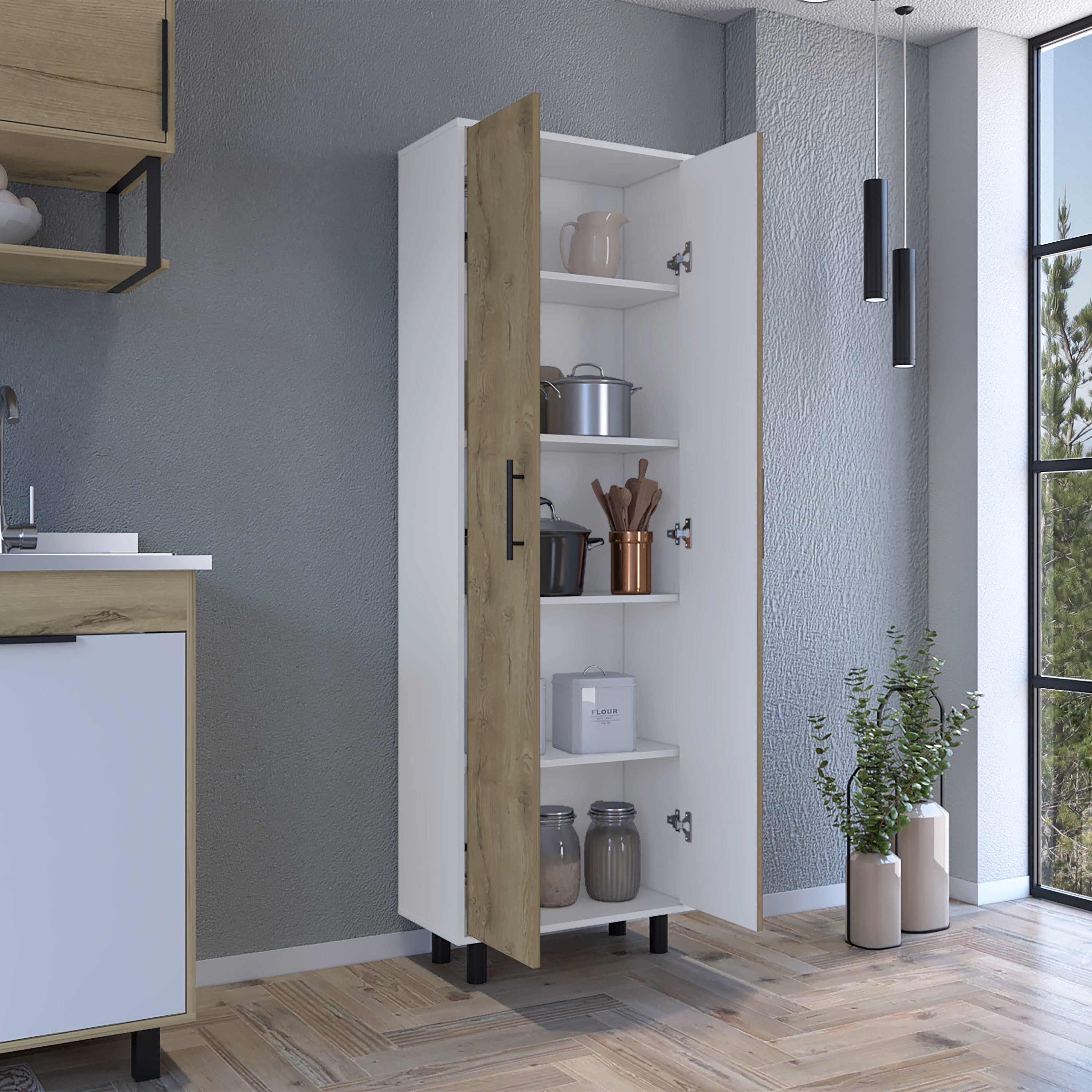 Multistorage Manacor, Five Shelves, Macadamia and White Finish