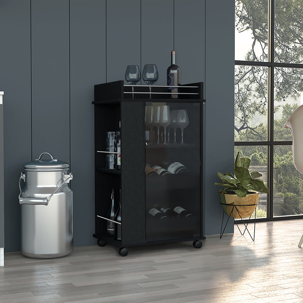 Bar Cart with Two-Side Shelves Beaver, Glass Door and Upper Surface, Black Wengue Finish