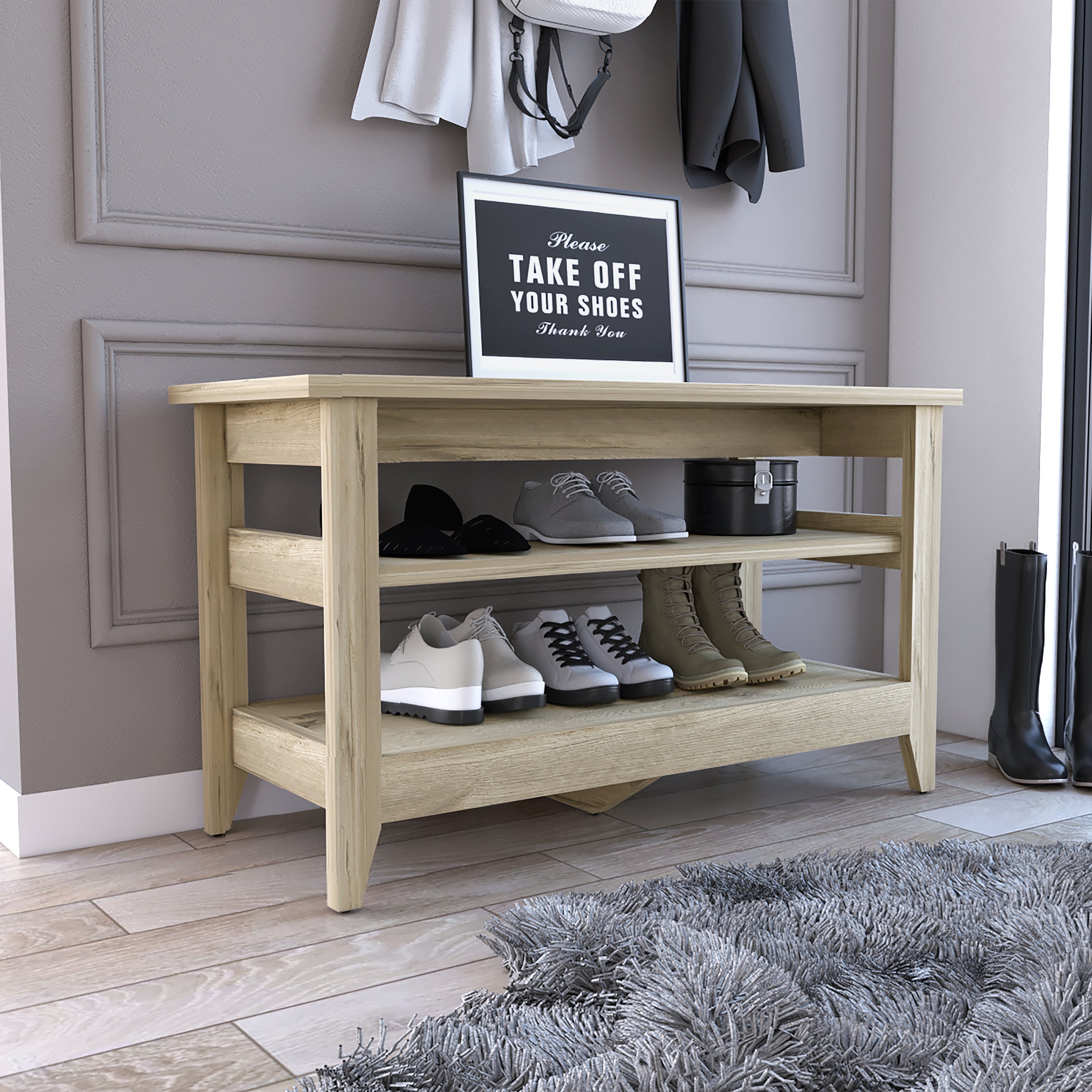 Storage Bench Susho, Upper and Lower Shelf, Light Oak Finish