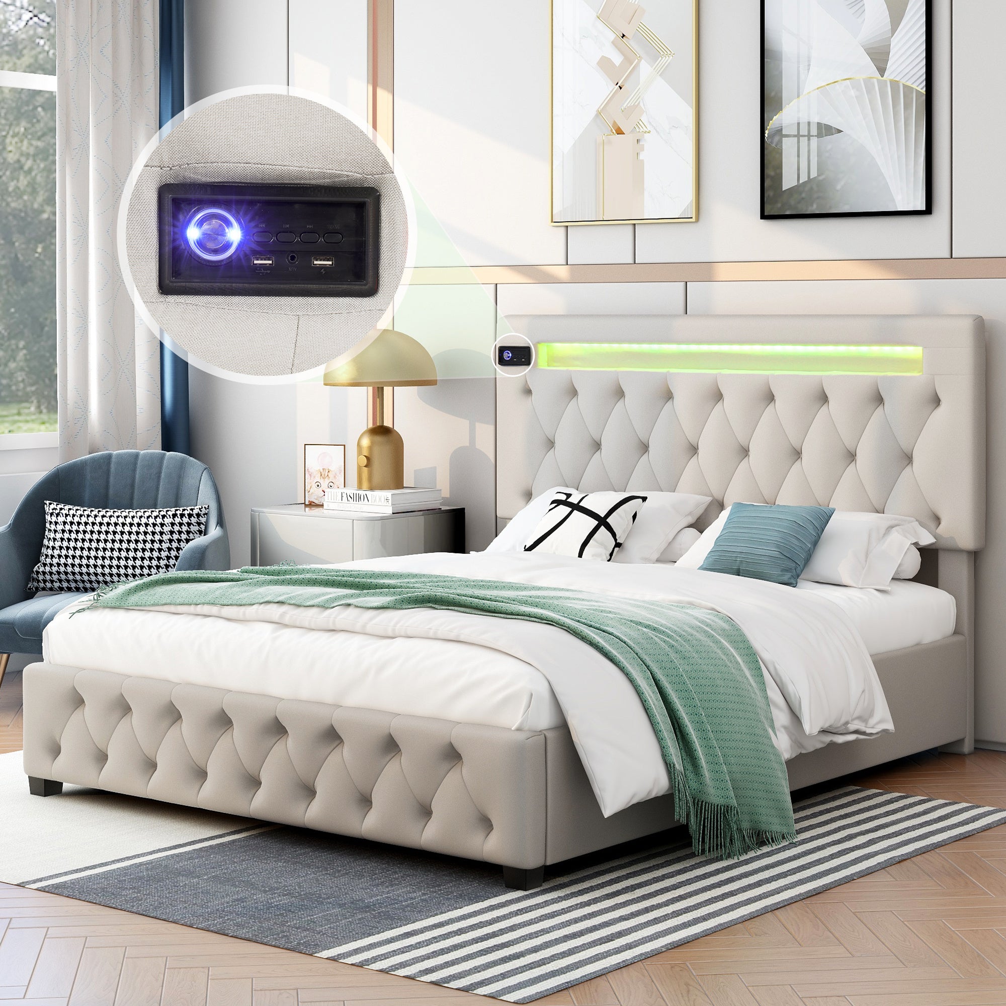 Queen Size Storage Upholstered Platform Bed, Adjustable Headboard Featured with Bluetooth Audio, LED Light and USB Charging, Beige