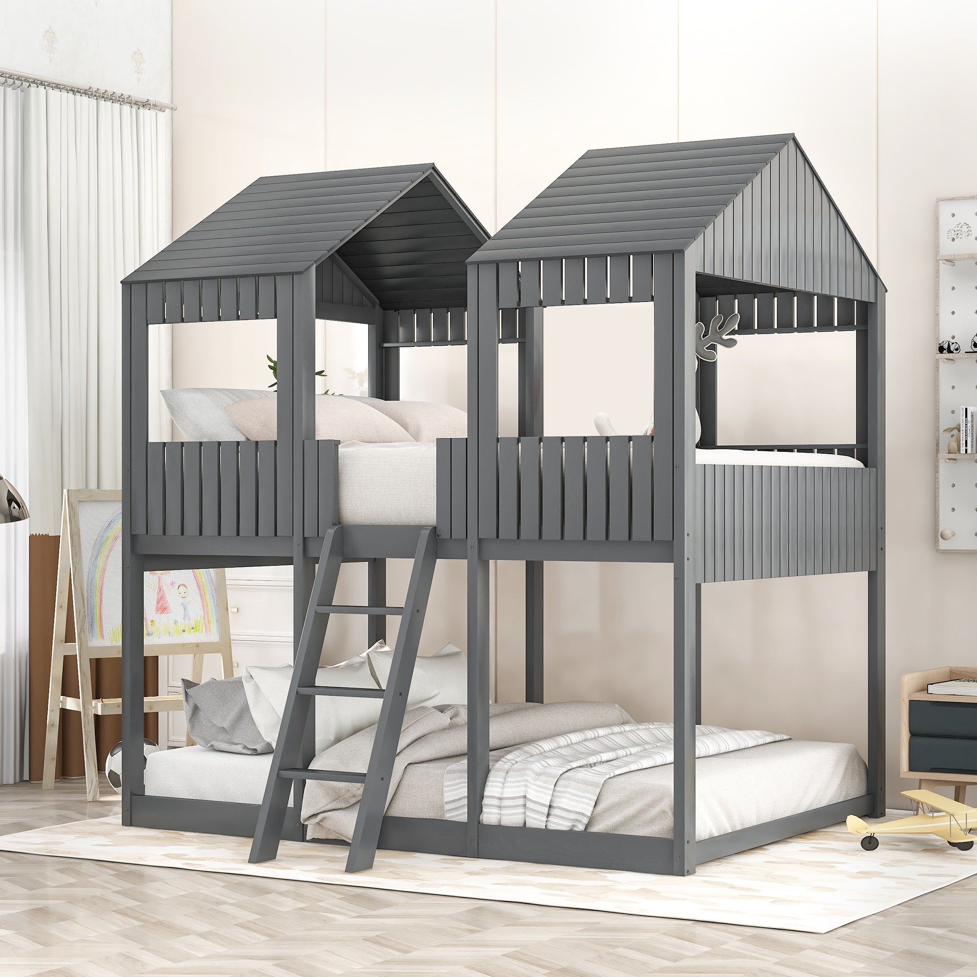 Full Over Full WoodBunk Bed with Roof, Window, Guardrail, Ladder(Gray)( old sku: LT000031AAN )