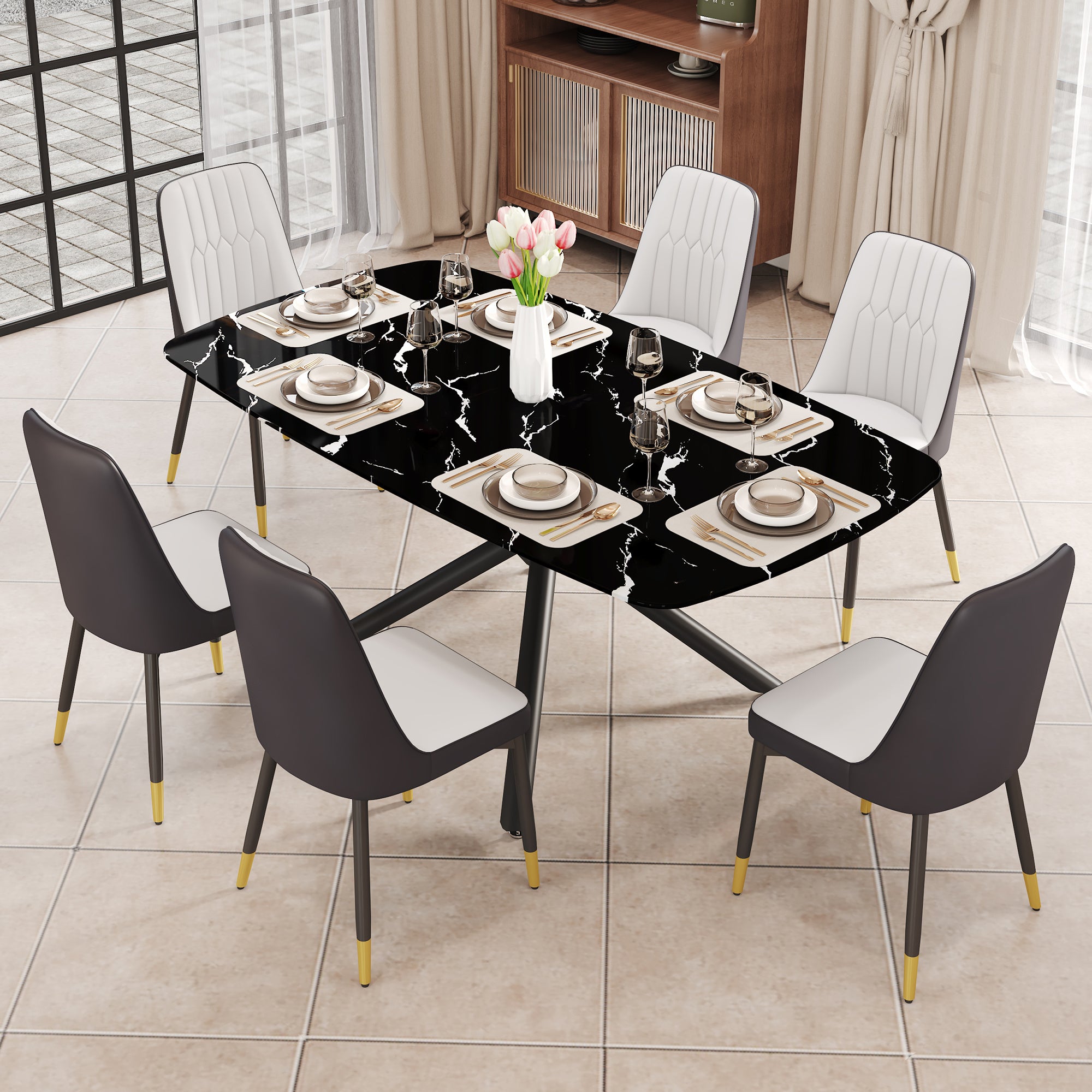 1 table and 6 chairs set.A rectangular dining table with a imitation marble black table top and black metal legs.Paired with 6 chairs with PU leather seat cushion and black metal legs.F-1537,C-007