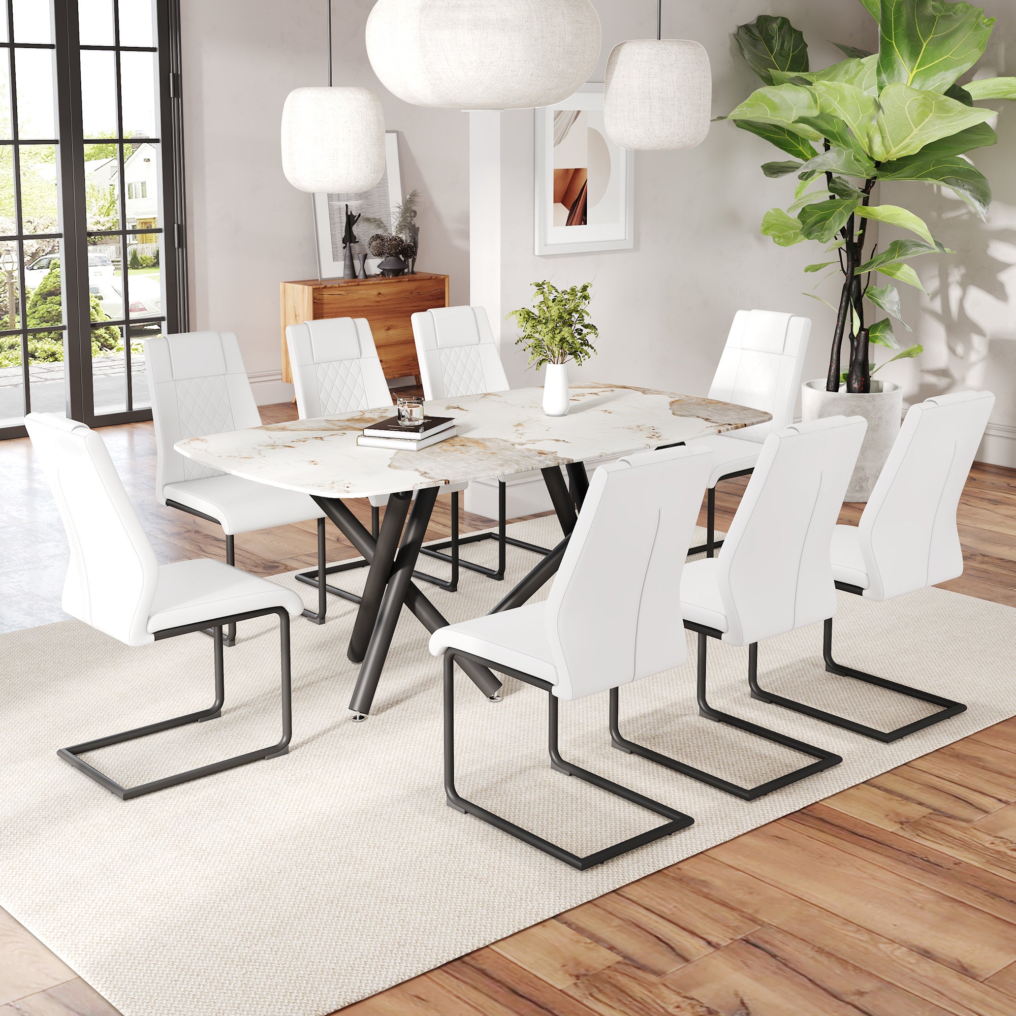 1 table and 8 chairs set.A rectangular dining table with a 0.39-inch imitation marble tabletop and black metal legs.Paired with 8 chairs with PU leather seat cushion and black metal legs.F-1538,C-001
