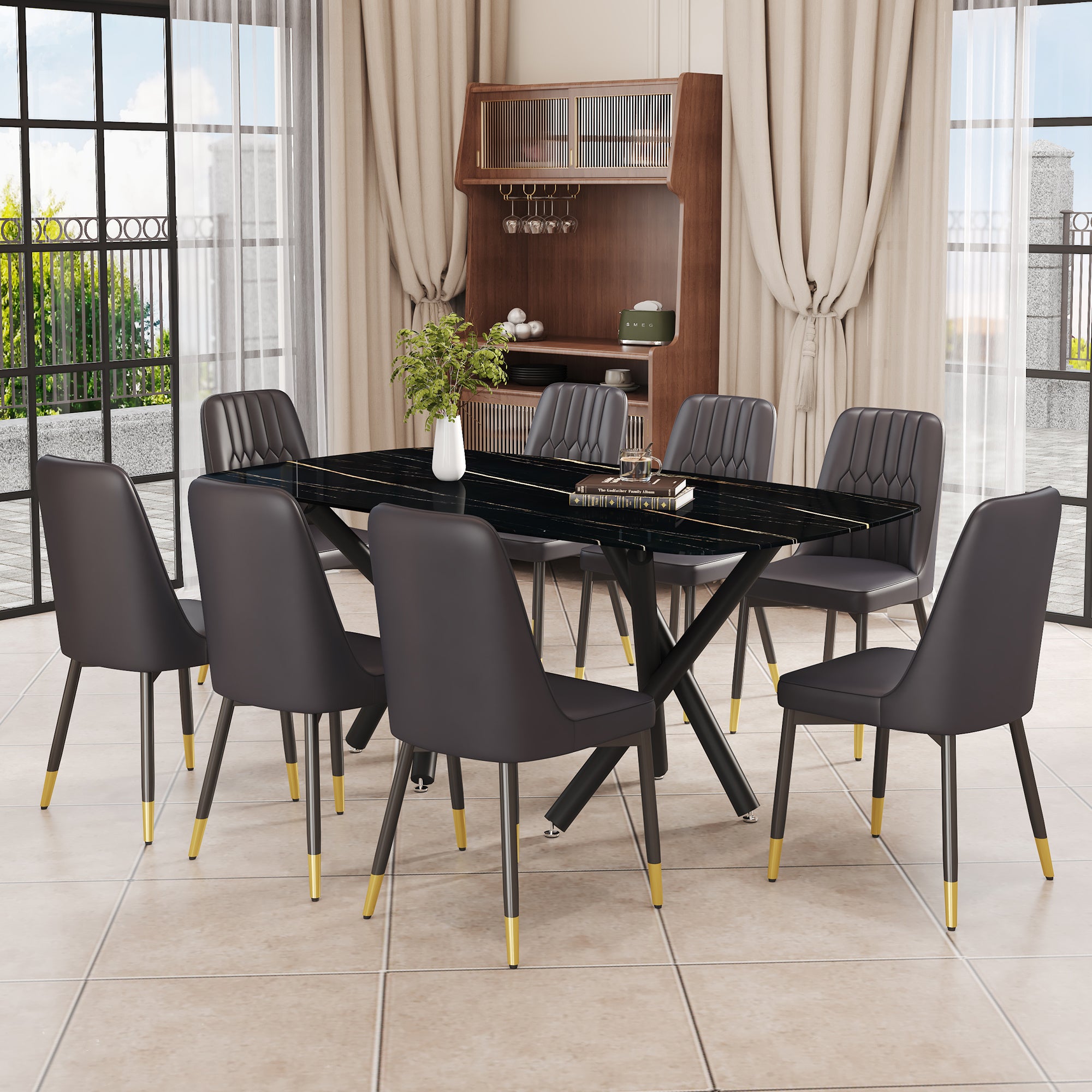 1 table and 8 chairs set.A rectangular dining table with a imitation marble black table top and black metal legs.Paired with 8 chairs with PU leather seat cushion and black metal legs.F-1538,C-007