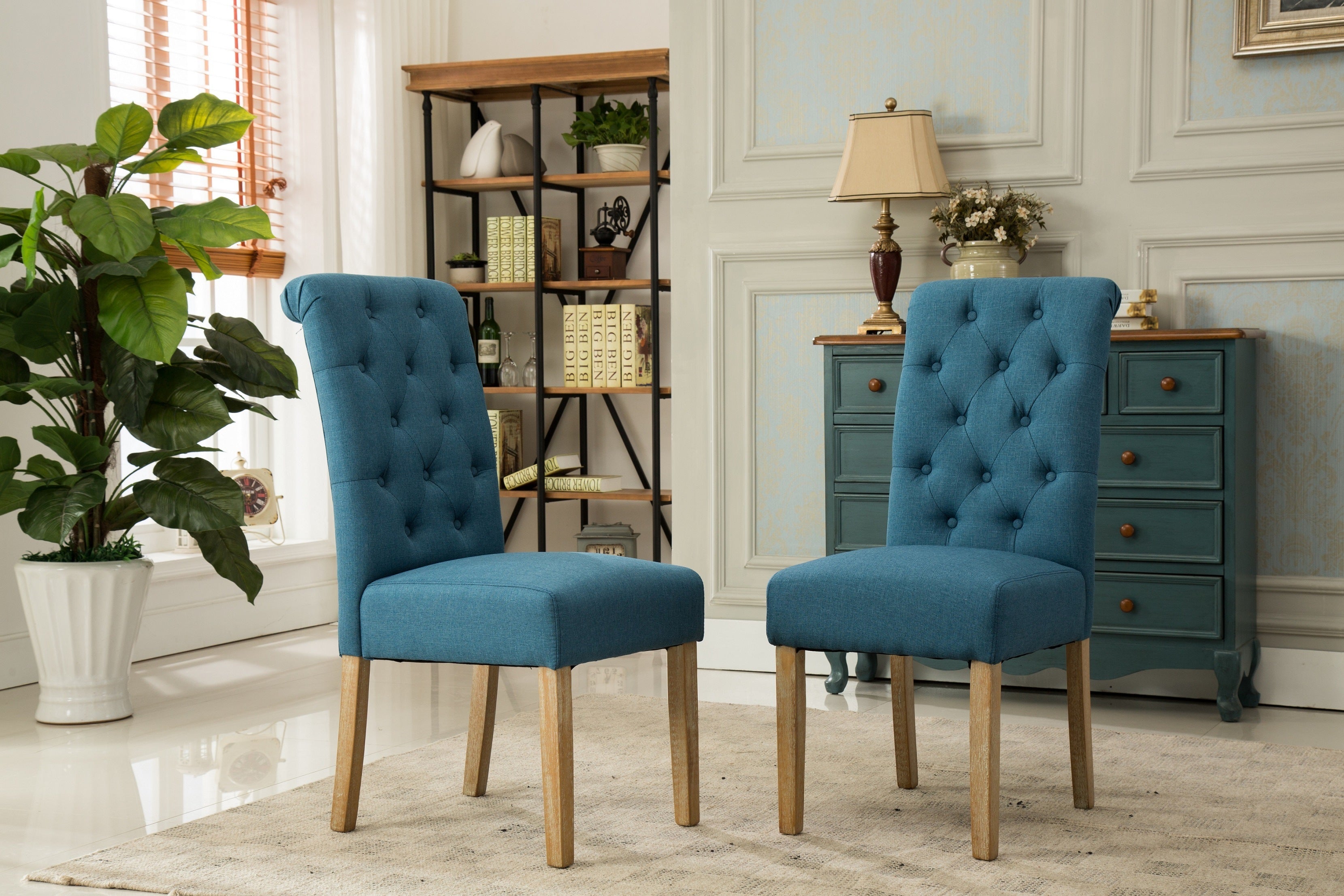 Habit Solid Wood Tufted Parsons Dining Chair, Set of 2, Blue