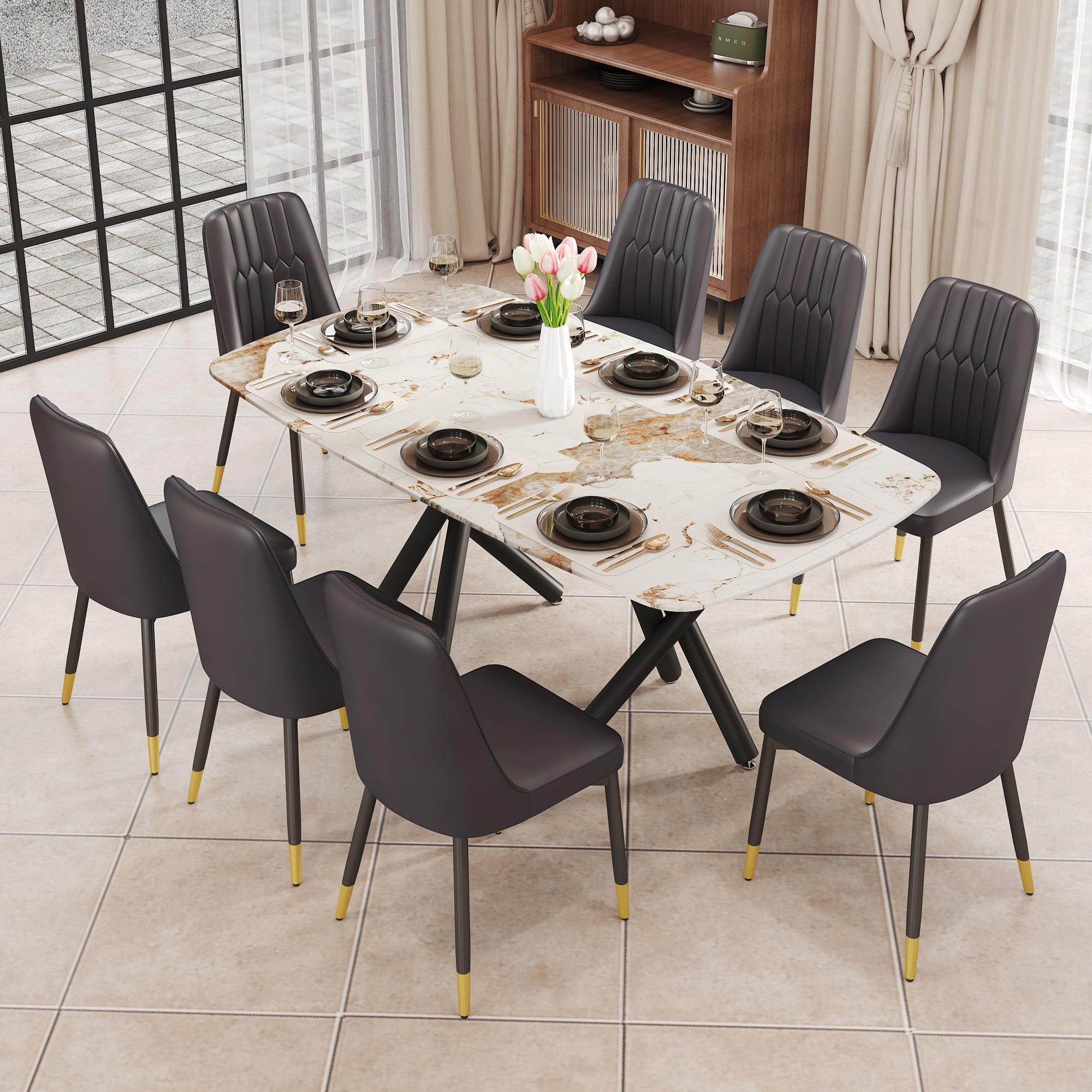 1 table and 8 chairs set.A rectangular dining table with a 0.39-inch imitation marble tabletop and black metal legs.Paired with 8 chairs with PU leather seat cushion and black metal legs.F-1538,C-007