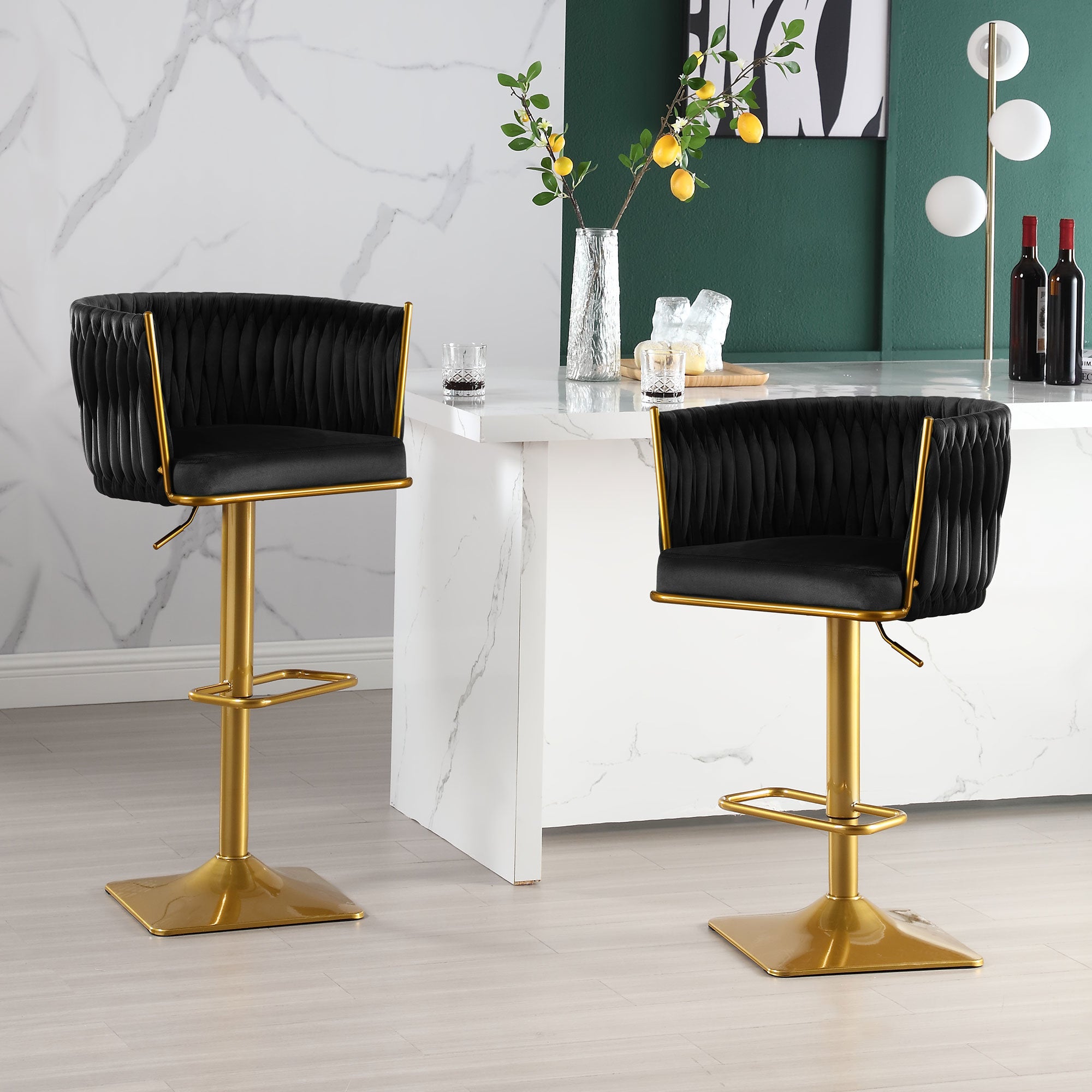 Bar Stools Set of 2,Gold Velvet Bar Stools,Counter Height Bar Stools with Low Back,Swivel Bar Stools for Kitchen Island, Bar Pub Black