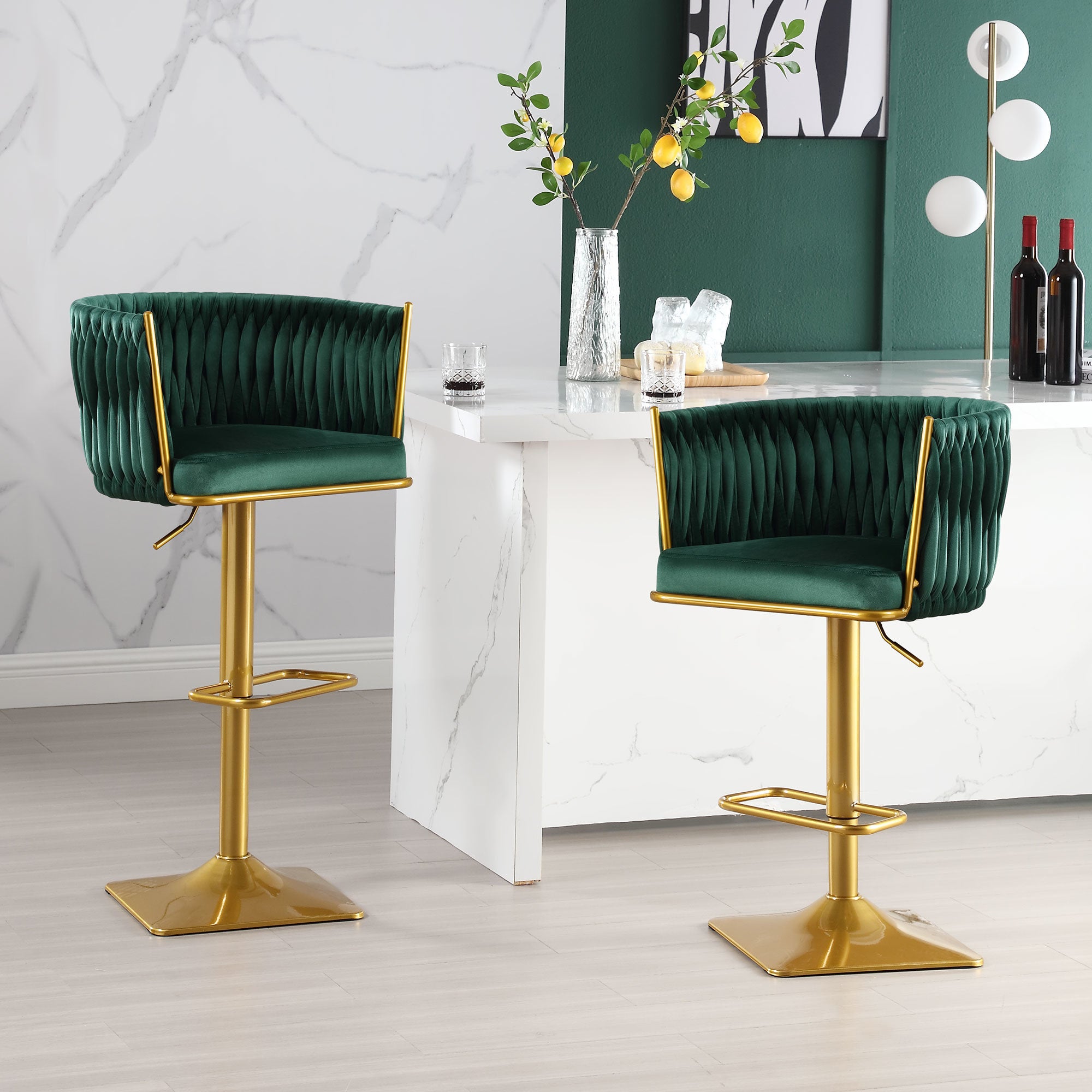 Bar Stools Set of 2,Gold Velvet Bar Stools,Counter Height Bar Stools with Low Back,Swivel Bar Stools for Kitchen Island, Bar Pub Dark Green