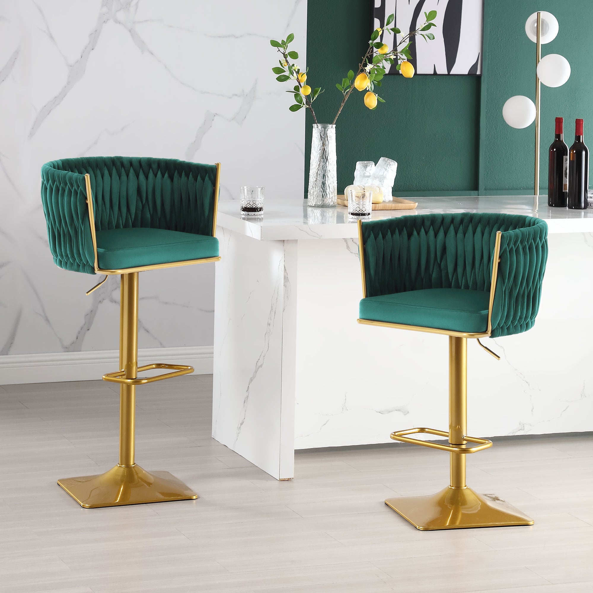 Bar Stools Set of 2,Gold Velvet Bar Stools,Counter Height Bar Stools with Low Back,Swivel Bar Stools for Kitchen Island, Bar Pub Green