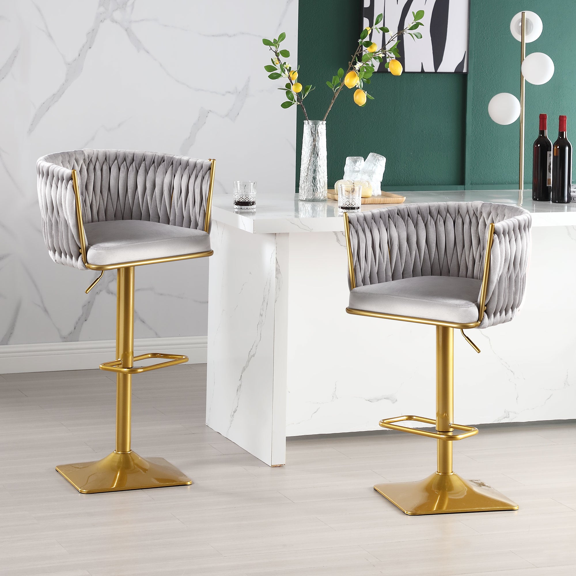 Bar Stools Set of 2,Gold Velvet Bar Stools,Counter Height Bar Stools with Low Back,Swivel Bar Stools for Kitchen Island, Bar Pub Dark Grey