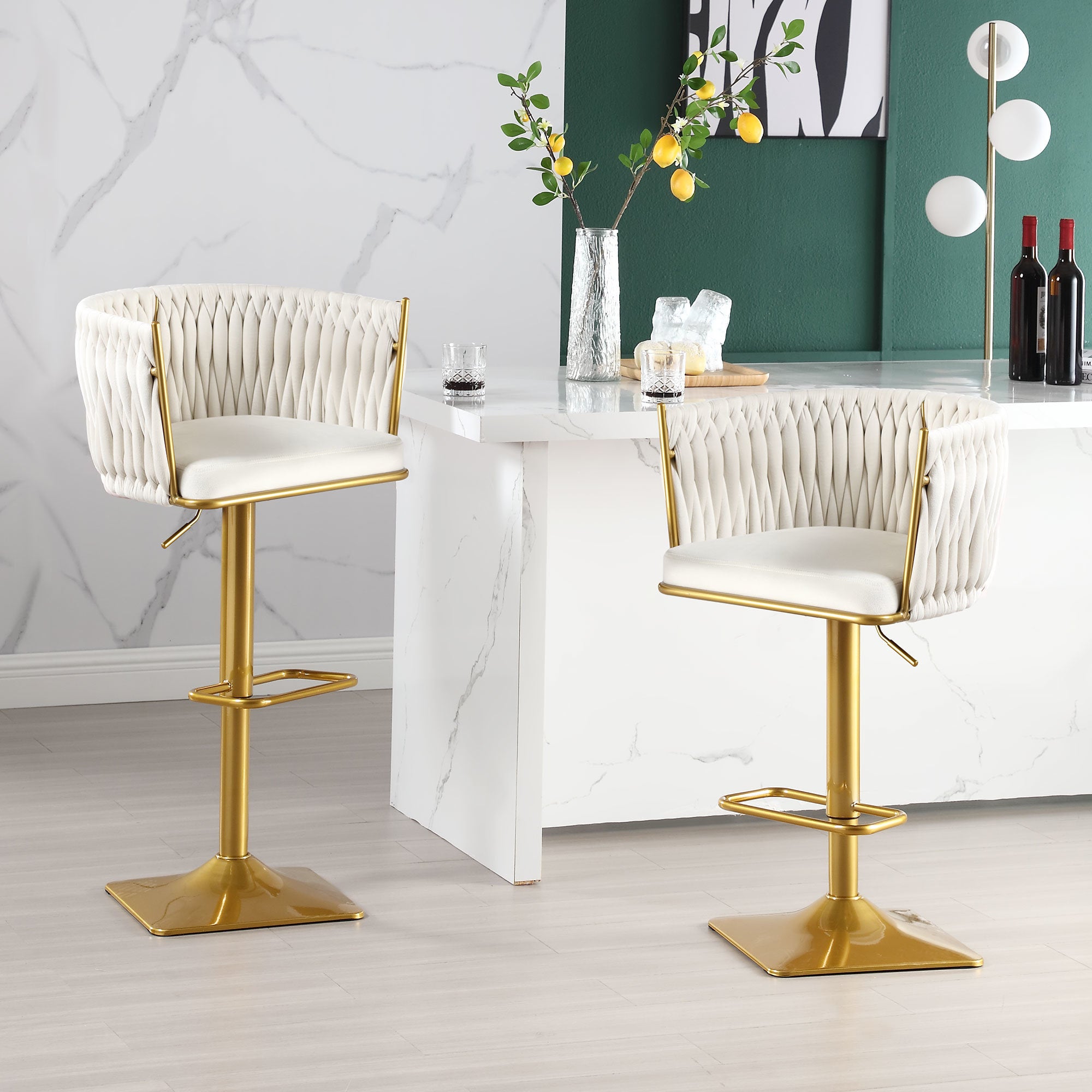 Bar Stools Set of 2,Gold Velvet Bar Stools,Counter Height Bar Stools with Low Back,Swivel Bar Stools for Kitchen Island, Bar Pub Beige