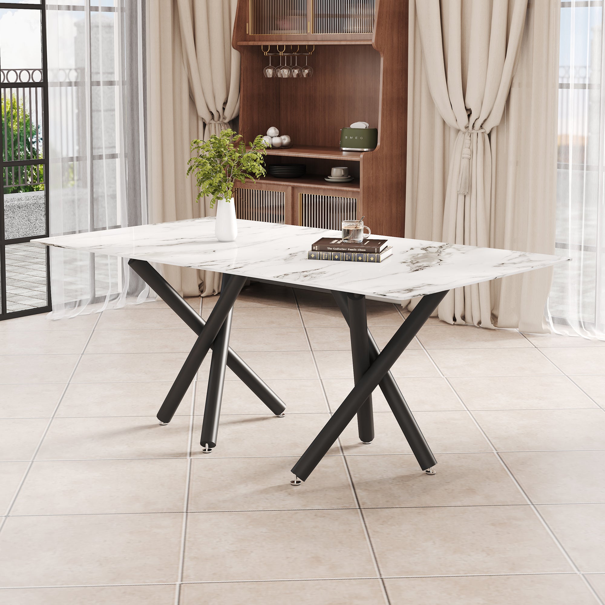 Large modern minimalist rectangular glass dining table, suitable for 6-8 people, 0.39-inch imitation marble tabletop and black metal legs, used for kitchen, dining room, living room, conference room.