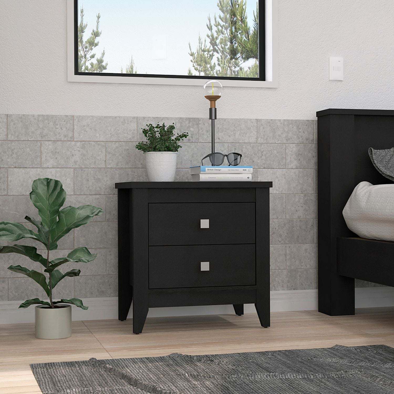 DEPOT E-SHOP Oasis Nightstand, Two Drawers, Four Legs, Superior Top, Black