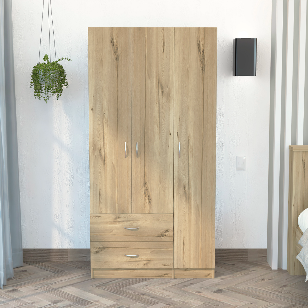 Austral 3 Door Armoire with Drawers, Shelves, and Hanging Rod -Light Oak / Black