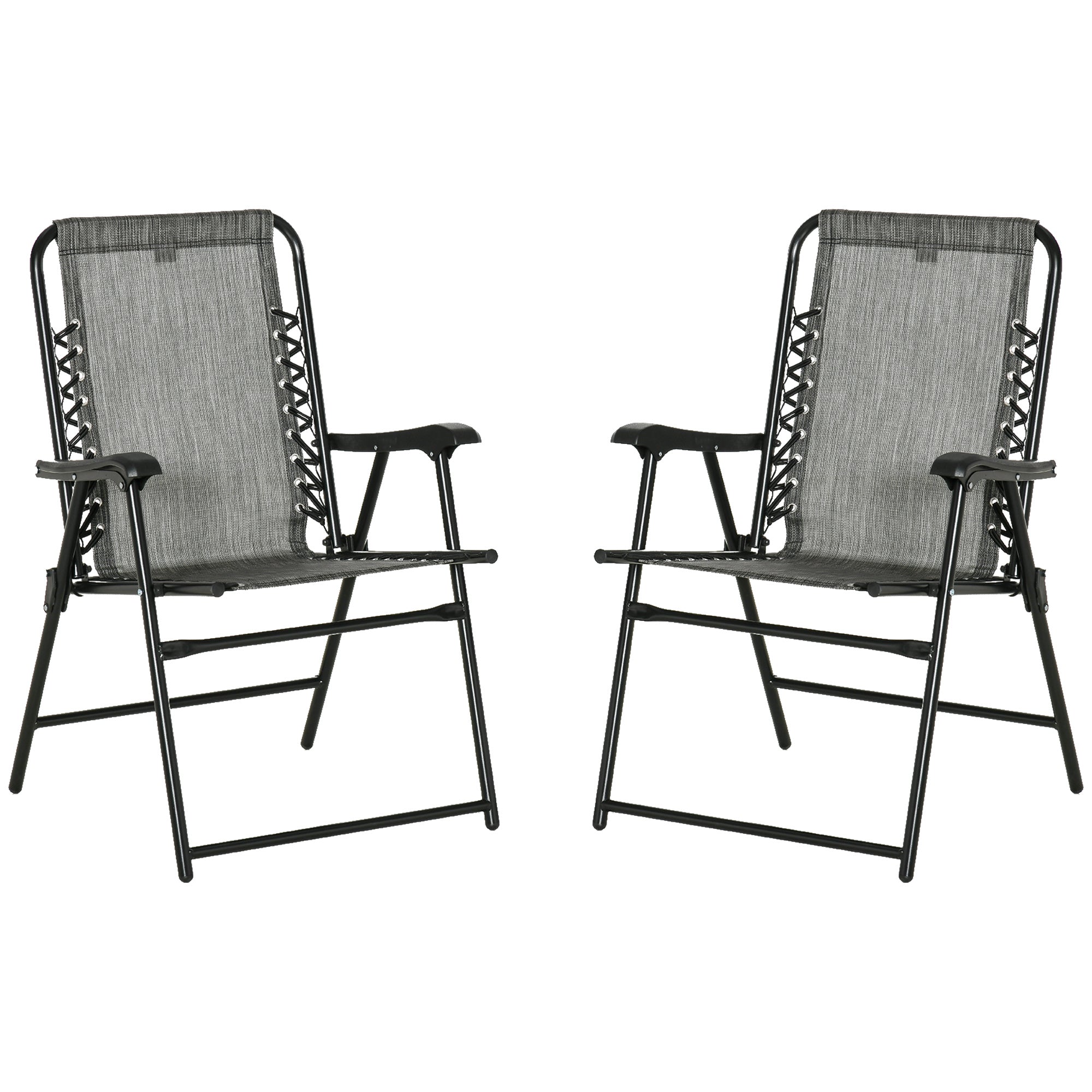 Outsunny Set of 2 Patio Folding Chairs, Outdoor Bungee Sling Chairs w/ Armrests, Portable Lawn Chairs for Camping, Garden, Pool, Beach, Backyard, Gray